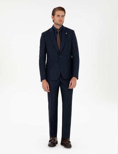 Lacivert Slim Fit Ekose Yün Takım Elbise