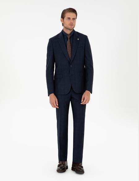 Lacivert Slim Fit Ekose Yün Takım Elbise - 50291944008