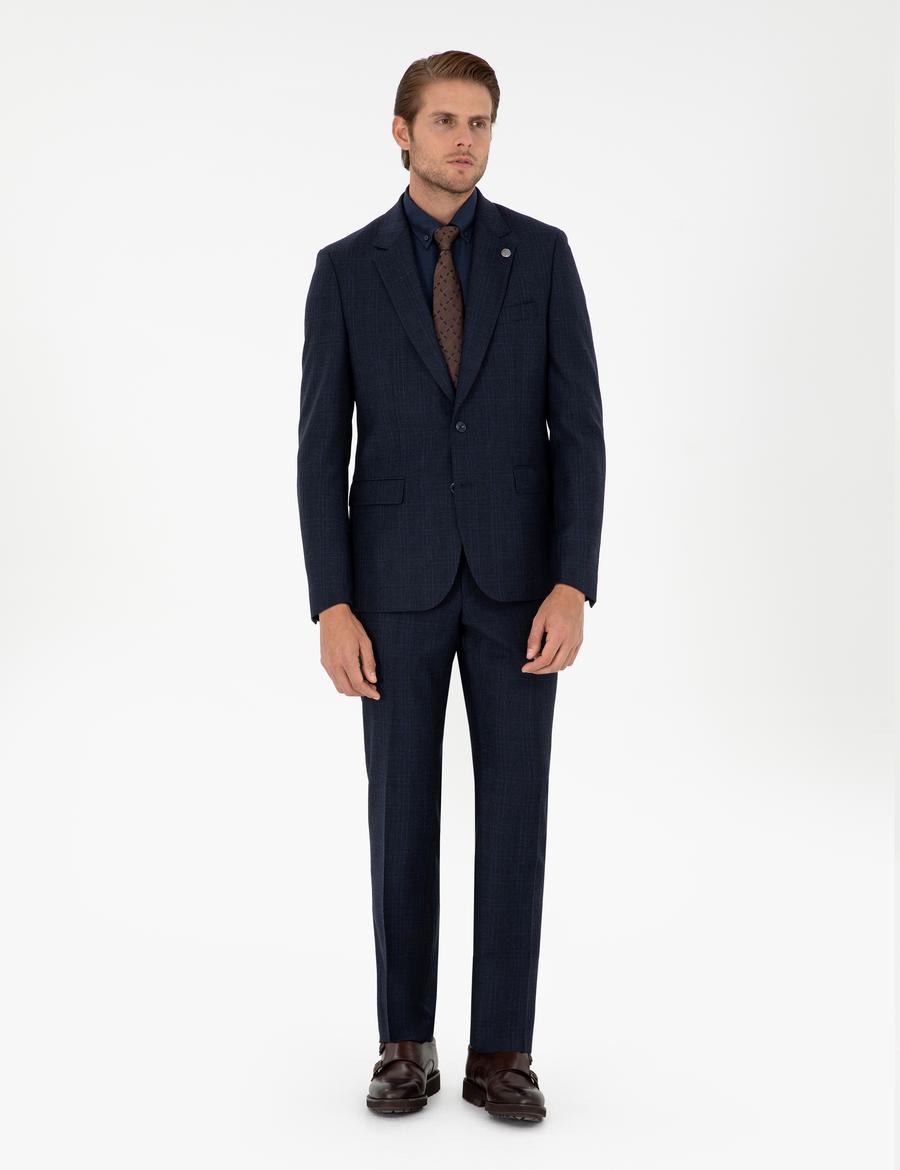 Lacivert Slim Fit Ekose Yün Takım Elbise