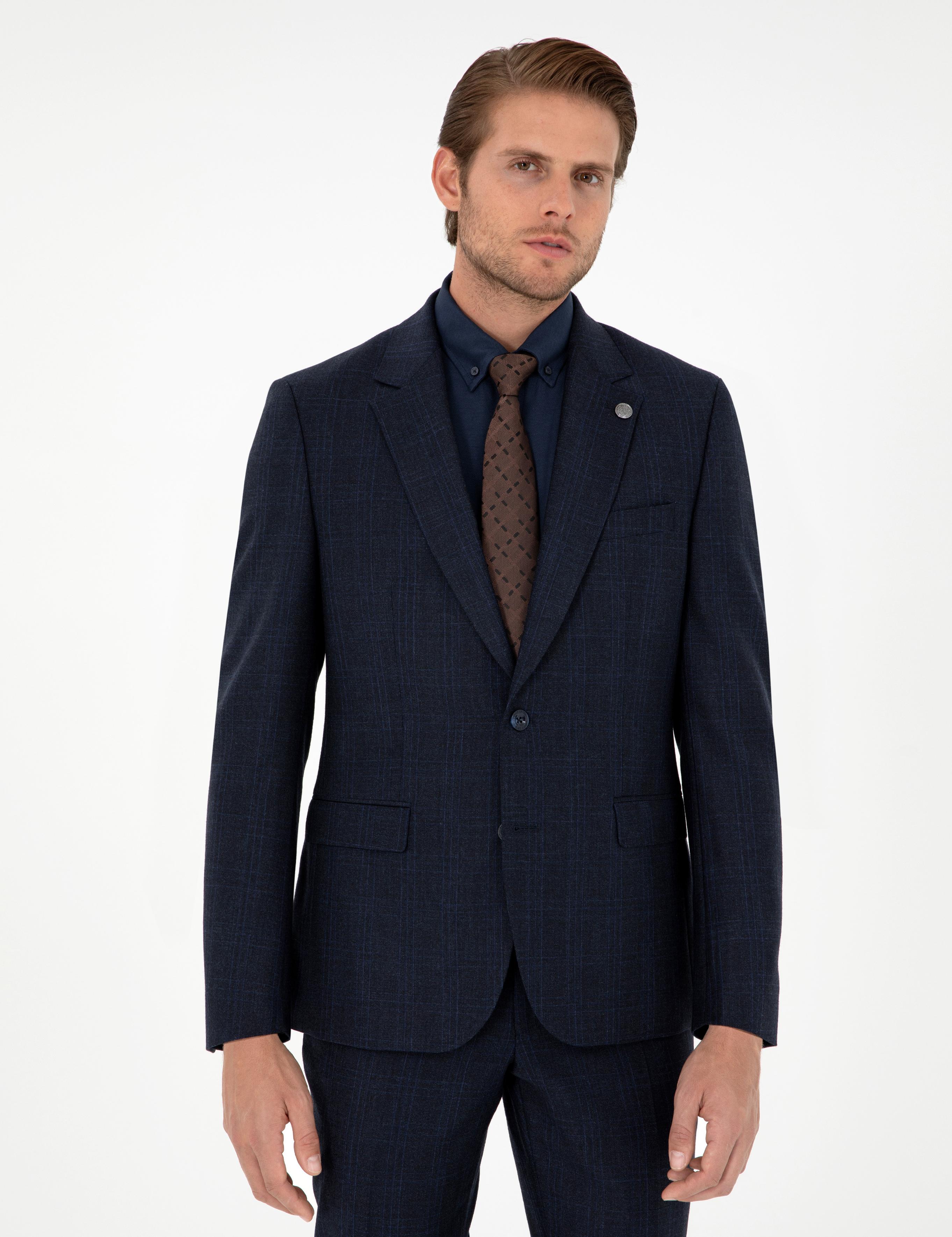 Lacivert Slim Fit Ekose Yün Takım Elbise