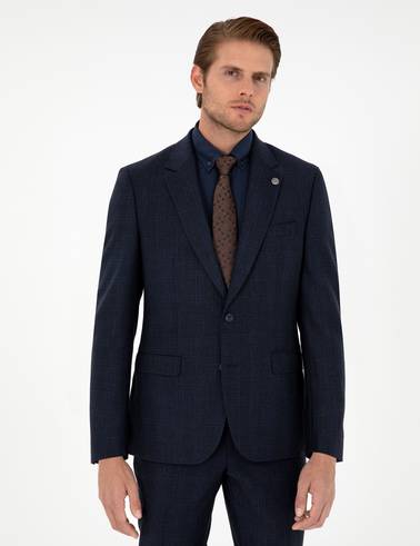 Lacivert Slim Fit Ekose Yün Takım Elbise