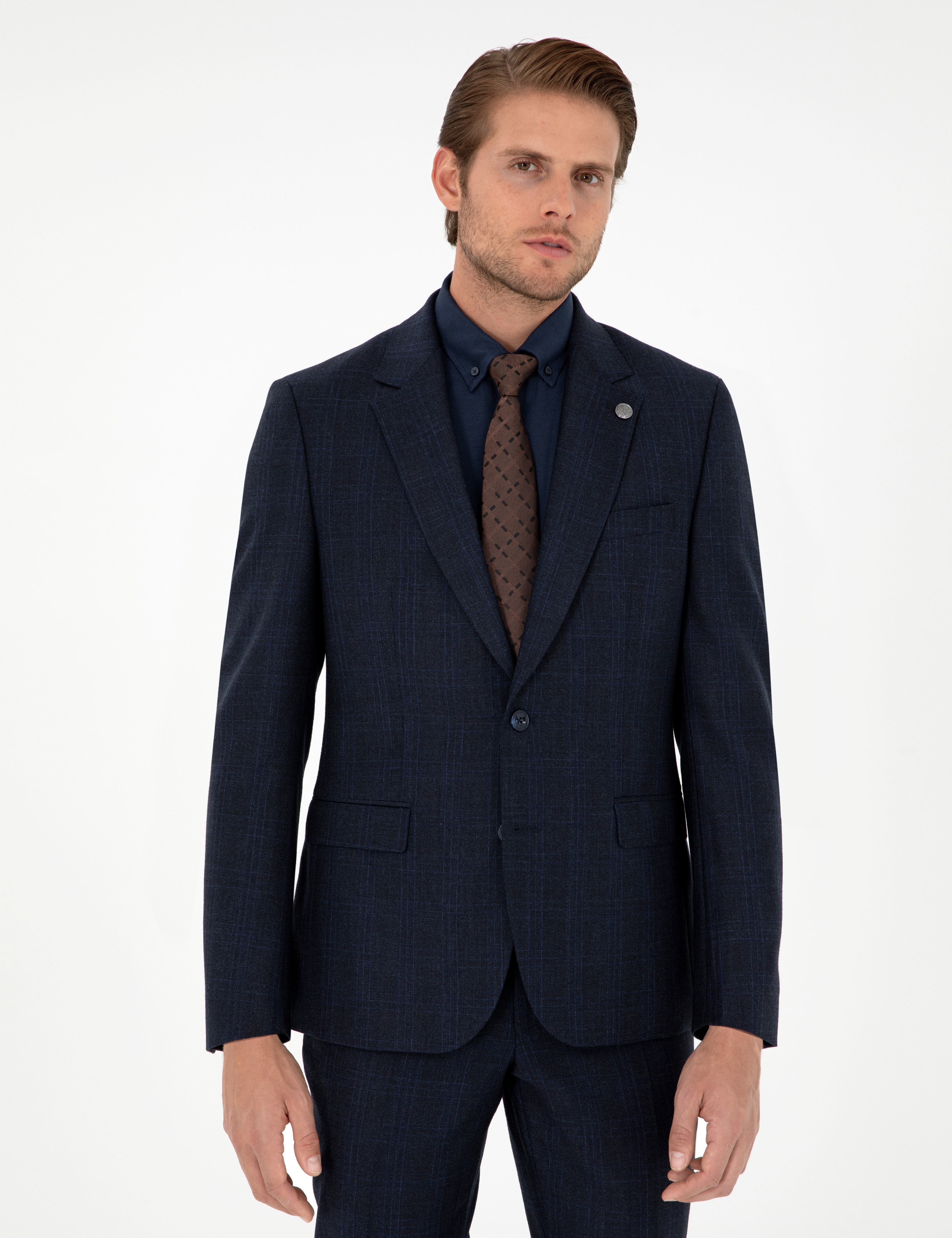 Lacivert Slim Fit Ekose Yün Takım Elbise