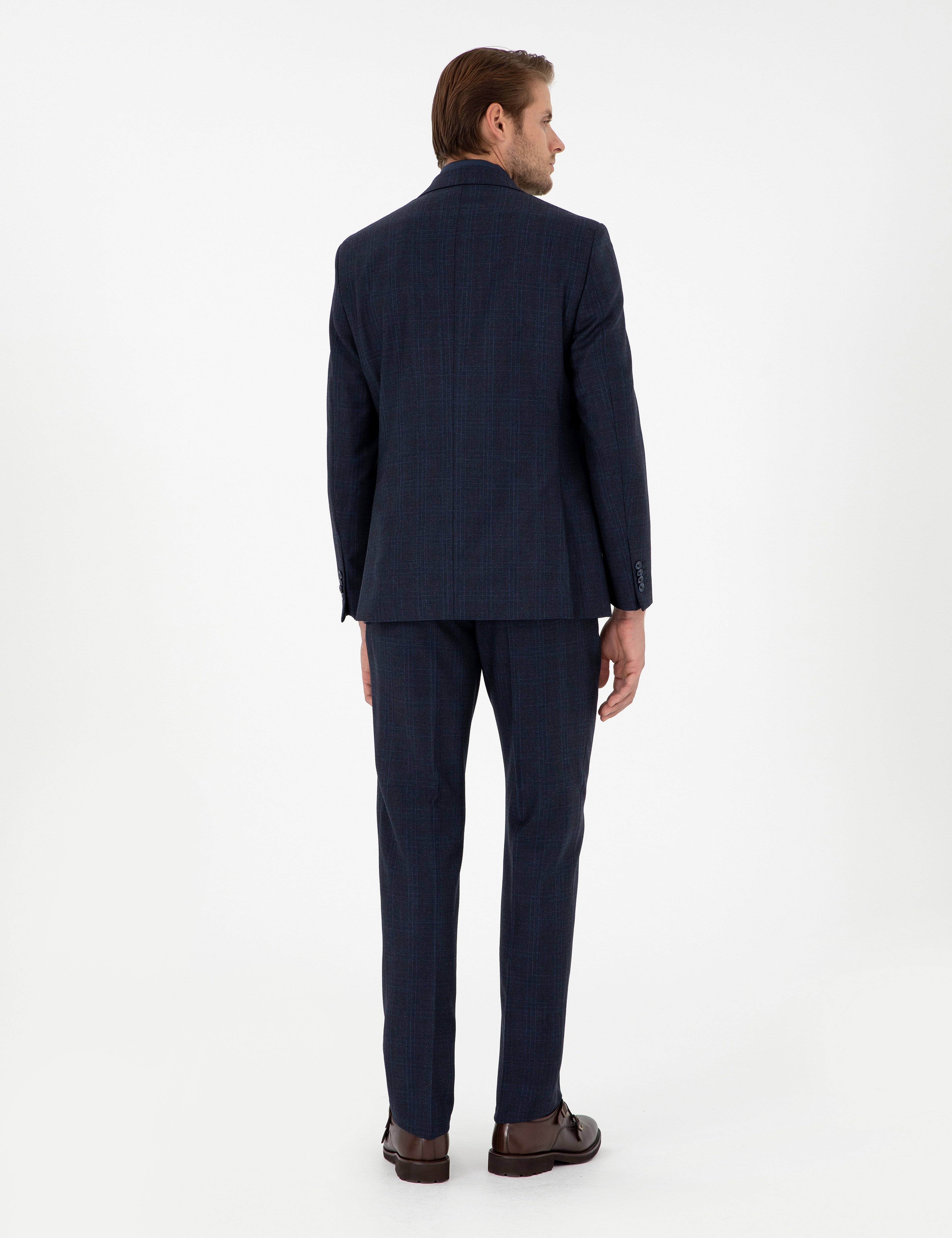 Lacivert Slim Fit Ekose Yün Takım Elbise - Image 5