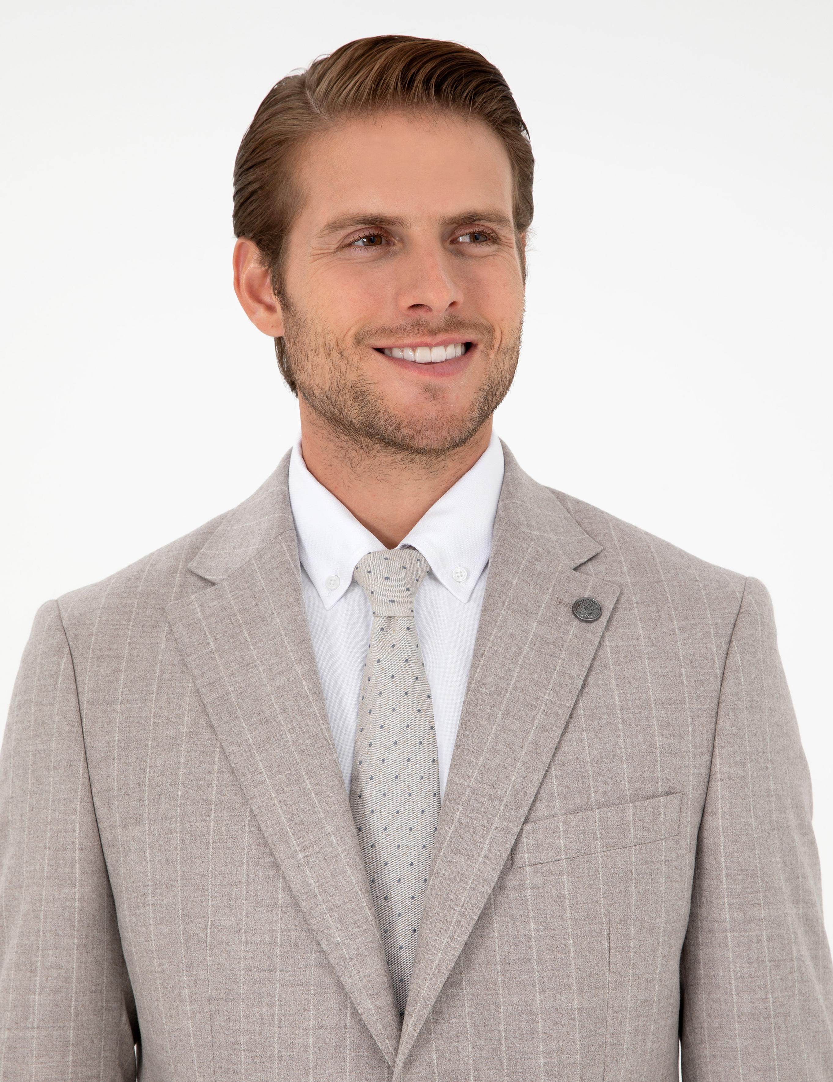 Bej Slim Fit Çizgili Yün Kaşmir Karışımlı Takım Elbise