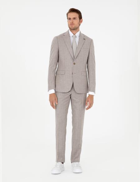 Bej Slim Fit Çizgili Yün Kaşmir Karışımlı Takım Elbise - 50295308050