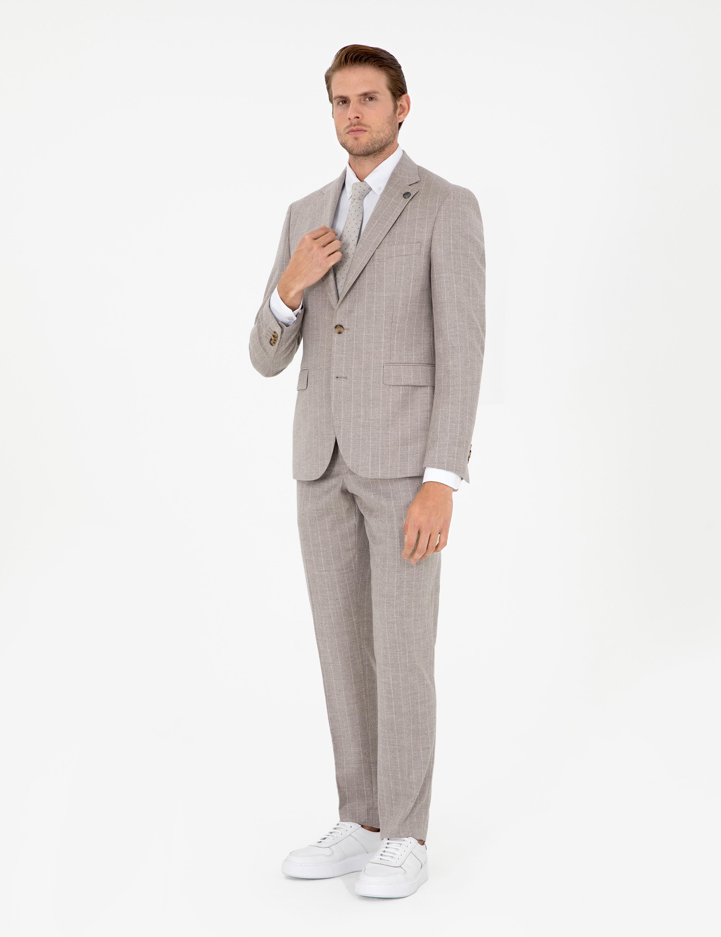 Bej Slim Fit Çizgili Yün Kaşmir Karışımlı Takım Elbise