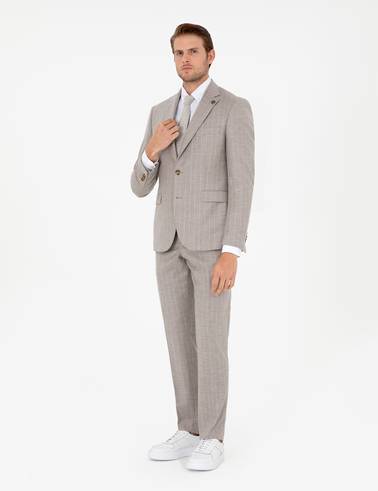 Bej Slim Fit Çizgili Yün Kaşmir Karışımlı Takım Elbise