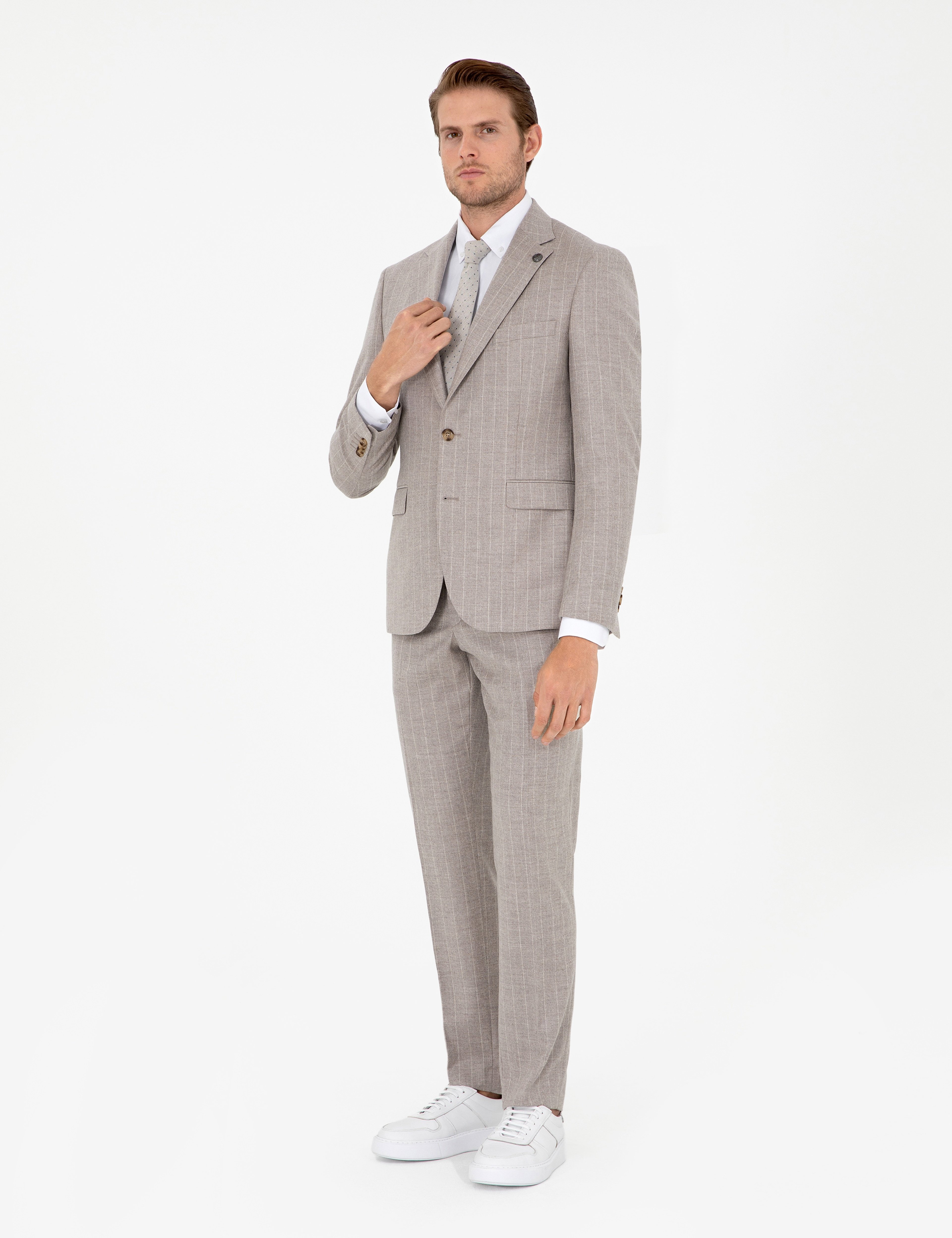 Bej Slim Fit Çizgili Yün Kaşmir Karışımlı Takım Elbise