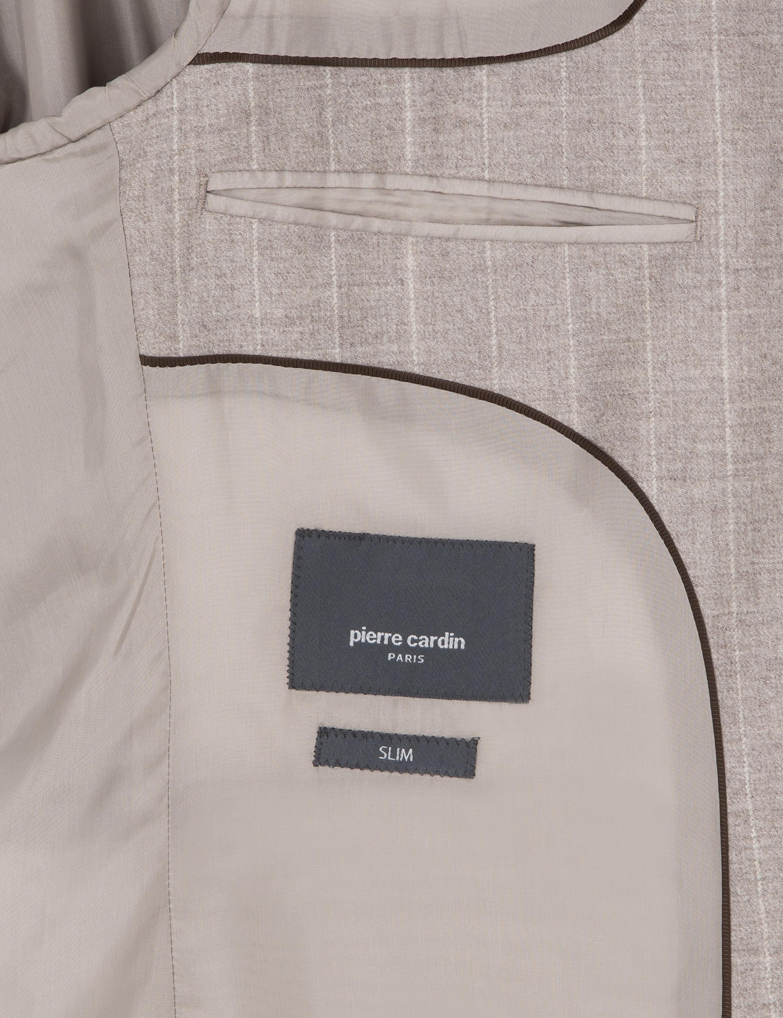 Bej Slim Fit Çizgili Yün Kaşmir Karışımlı Takım Elbise