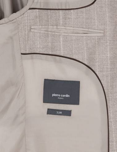 Bej Slim Fit Çizgili Yün Kaşmir Karışımlı Takım Elbise