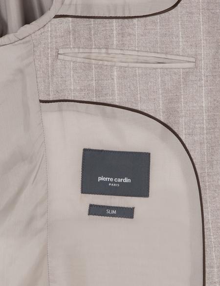 Bej Slim Fit Çizgili Yün Kaşmir Karışımlı Takım Elbise - 50295308050