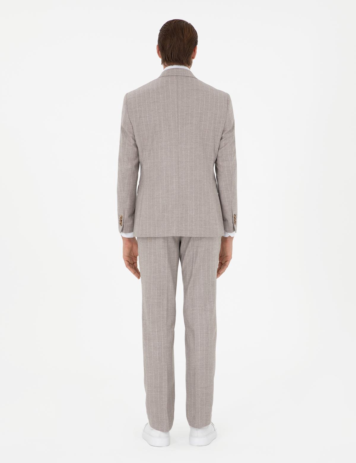 Bej Slim Fit Çizgili Yün Kaşmir Karışımlı Takım Elbise - 50295308050