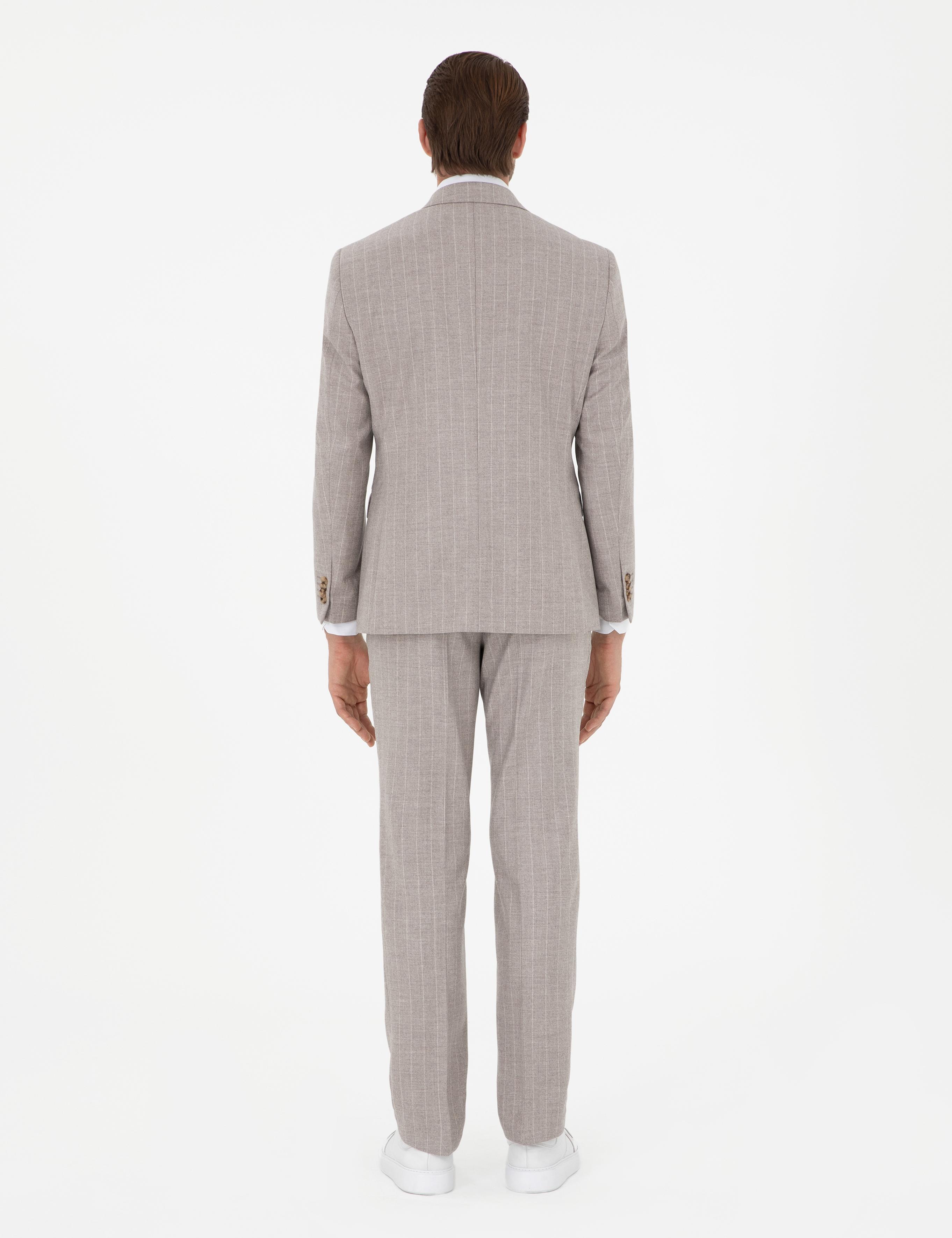 Bej Slim Fit Çizgili Yün Kaşmir Karışımlı Takım Elbise