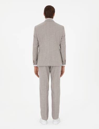 Bej Slim Fit Çizgili Yün Kaşmir Karışımlı Takım Elbise