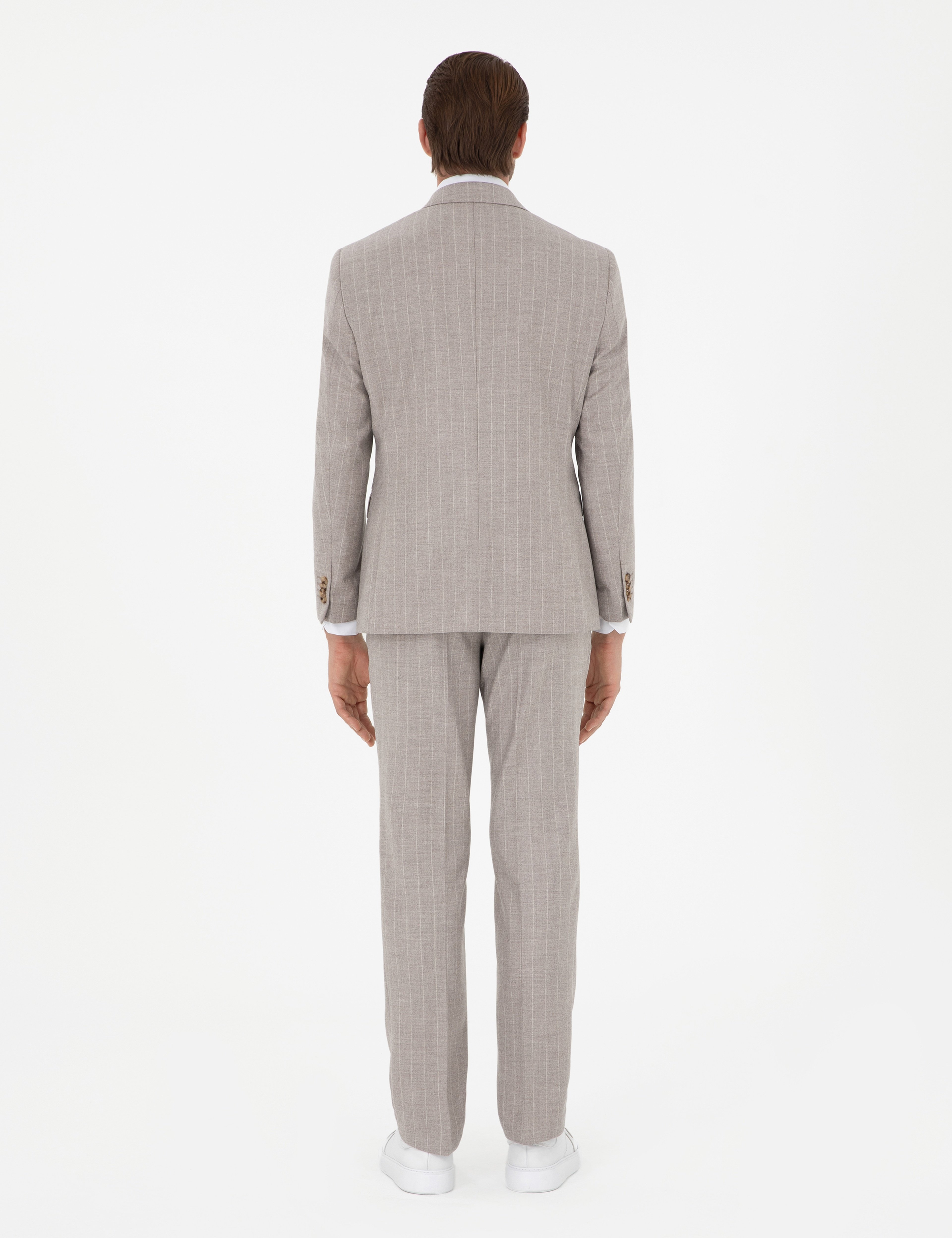 Bej Slim Fit Çizgili Yün Kaşmir Karışımlı Takım Elbise - Image 5