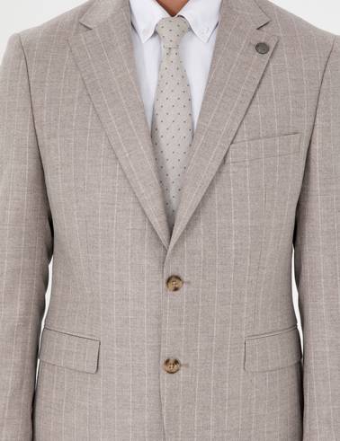 Bej Slim Fit Çizgili Yün Kaşmir Karışımlı Takım Elbise