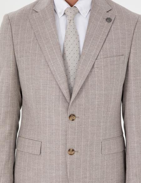 Bej Slim Fit Çizgili Yün Kaşmir Karışımlı Takım Elbise - 50295308050