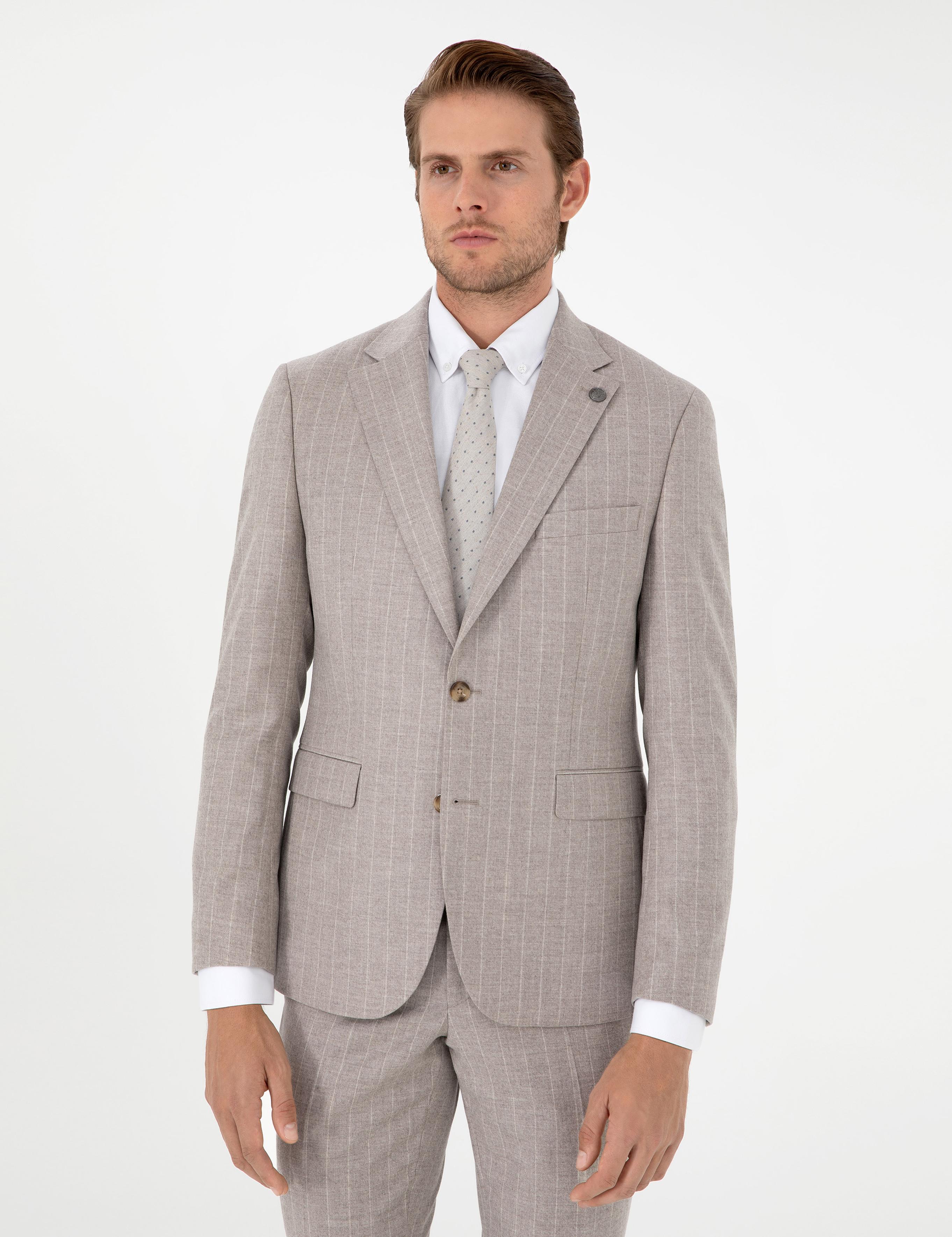 Bej Slim Fit Çizgili Yün Kaşmir Karışımlı Takım Elbise