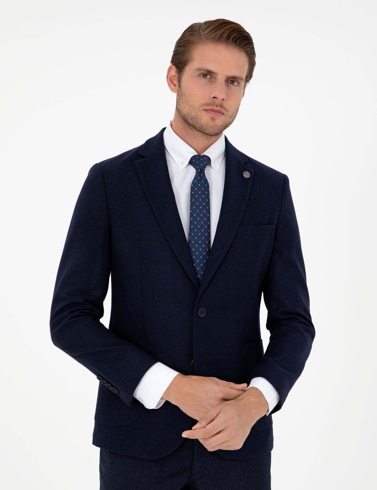 Lacivert Yün Karışımlı Ex. Slim Fit Ceket - 50291930044