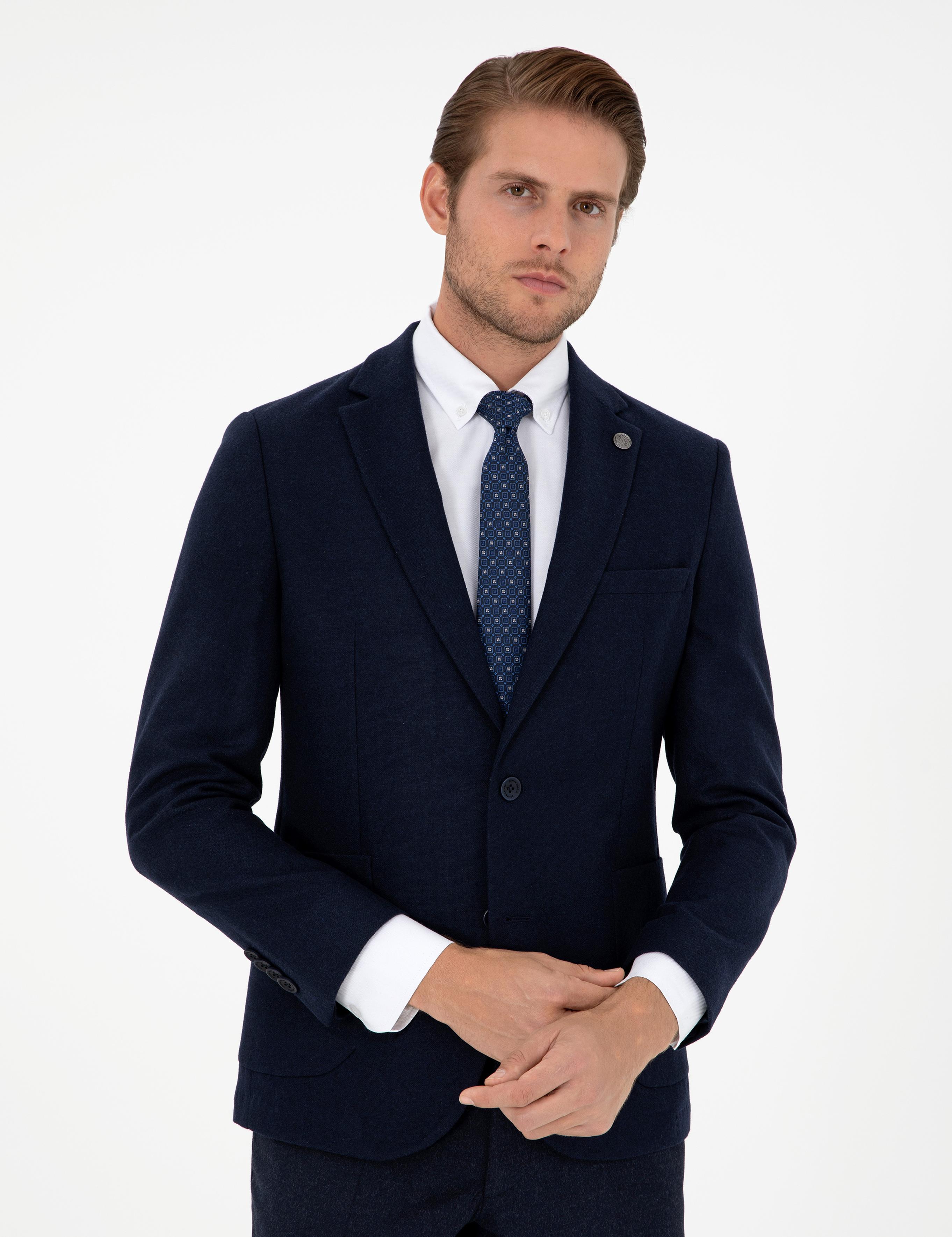 Lacivert Yün Karışımlı Ex. Slim Fit Ceket