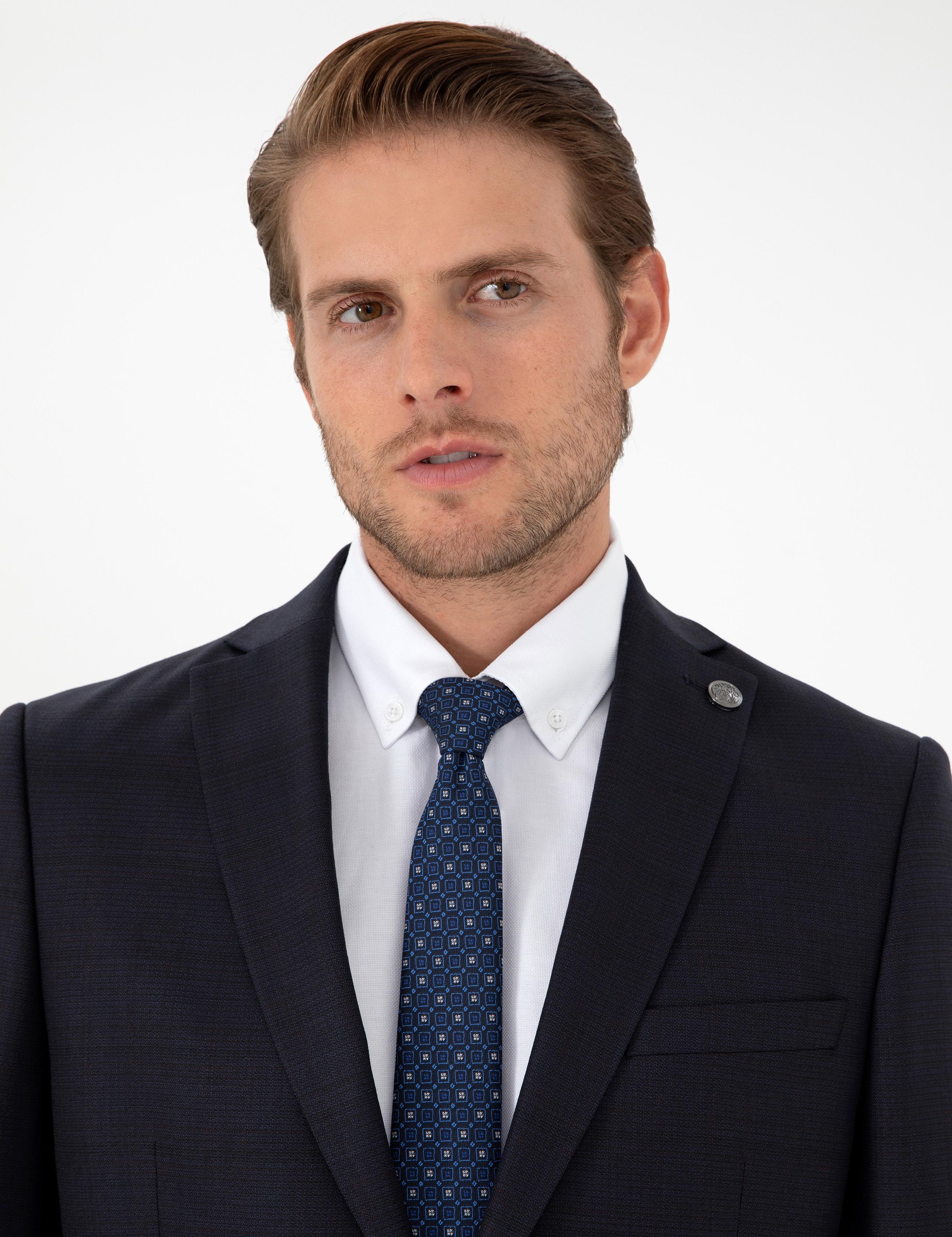 Lacivert Slim Fit Yün Karışımlı Takım Elbise