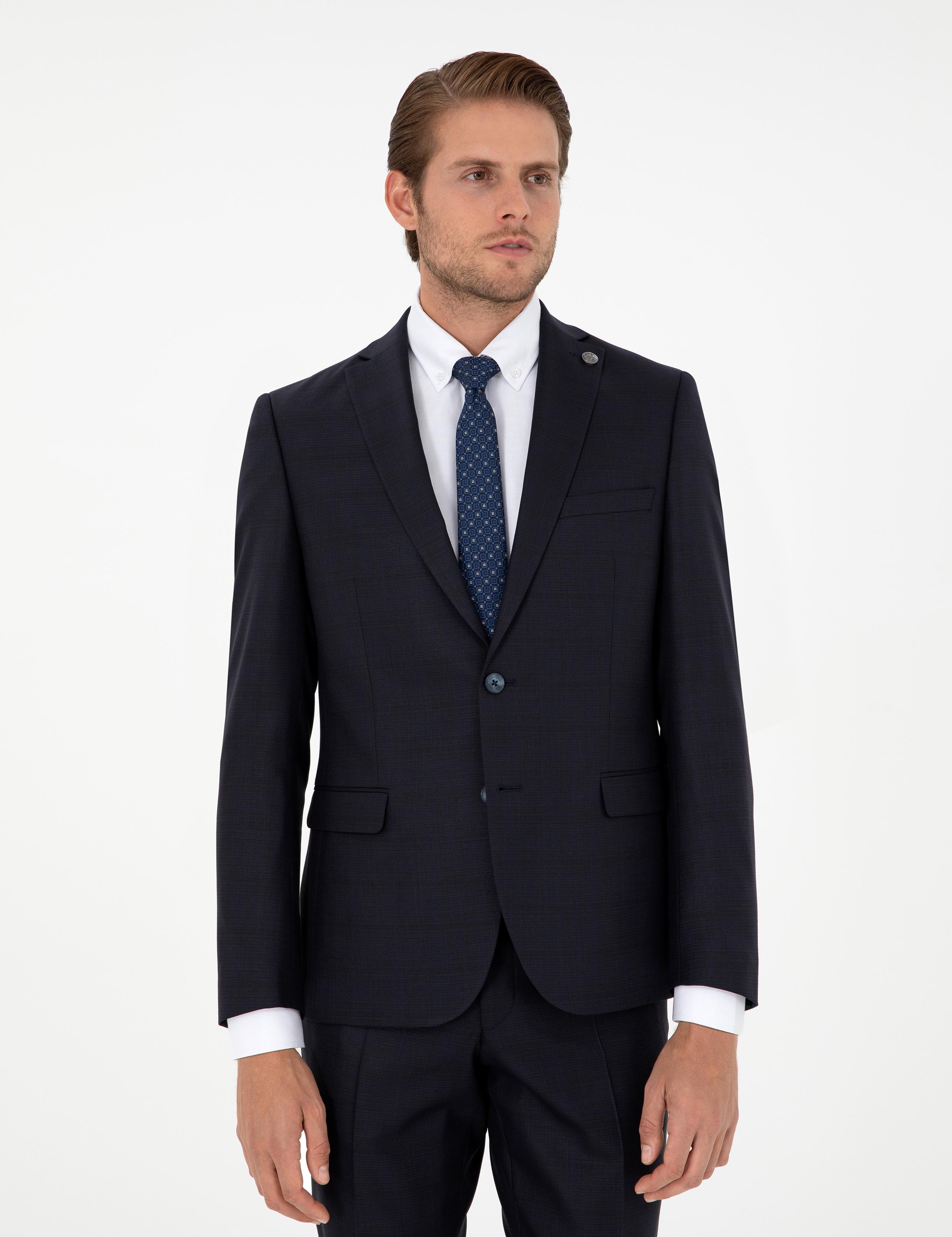 Lacivert Slim Fit Yün Karışımlı Takım Elbise