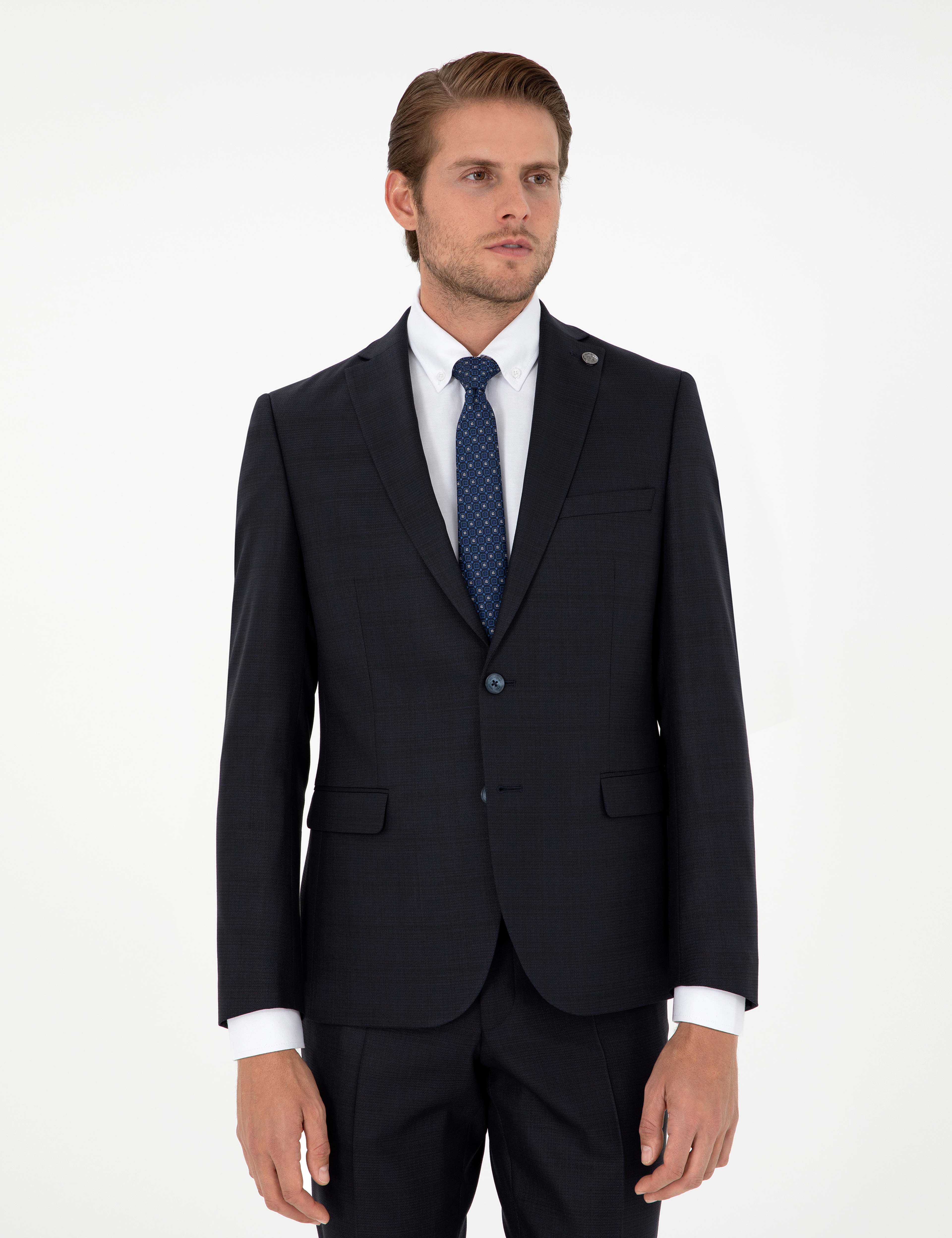 Lacivert Slim Fit Yün Karışımlı Takım Elbise - Image 3
