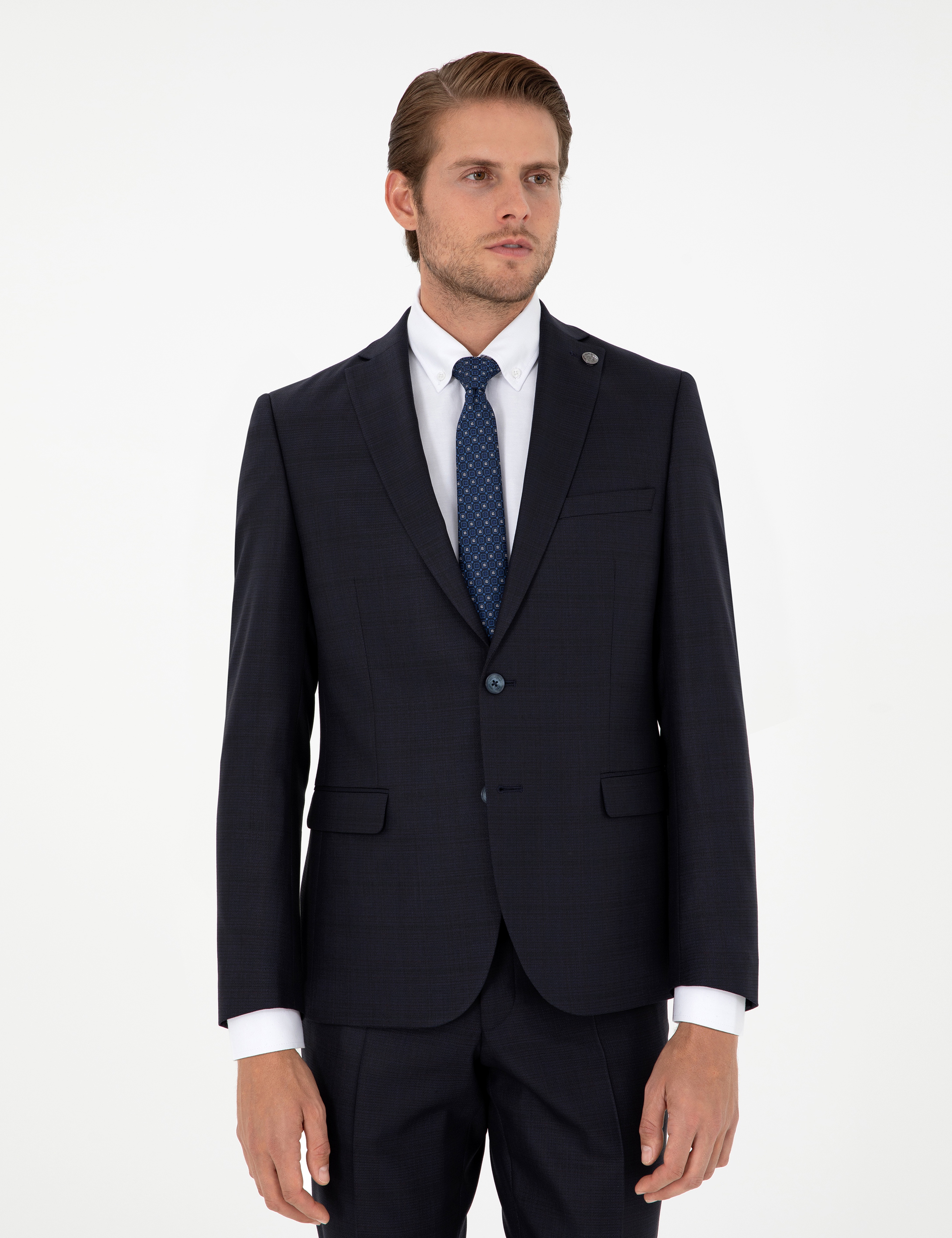 Lacivert Slim Fit Yün Karışımlı Takım Elbise