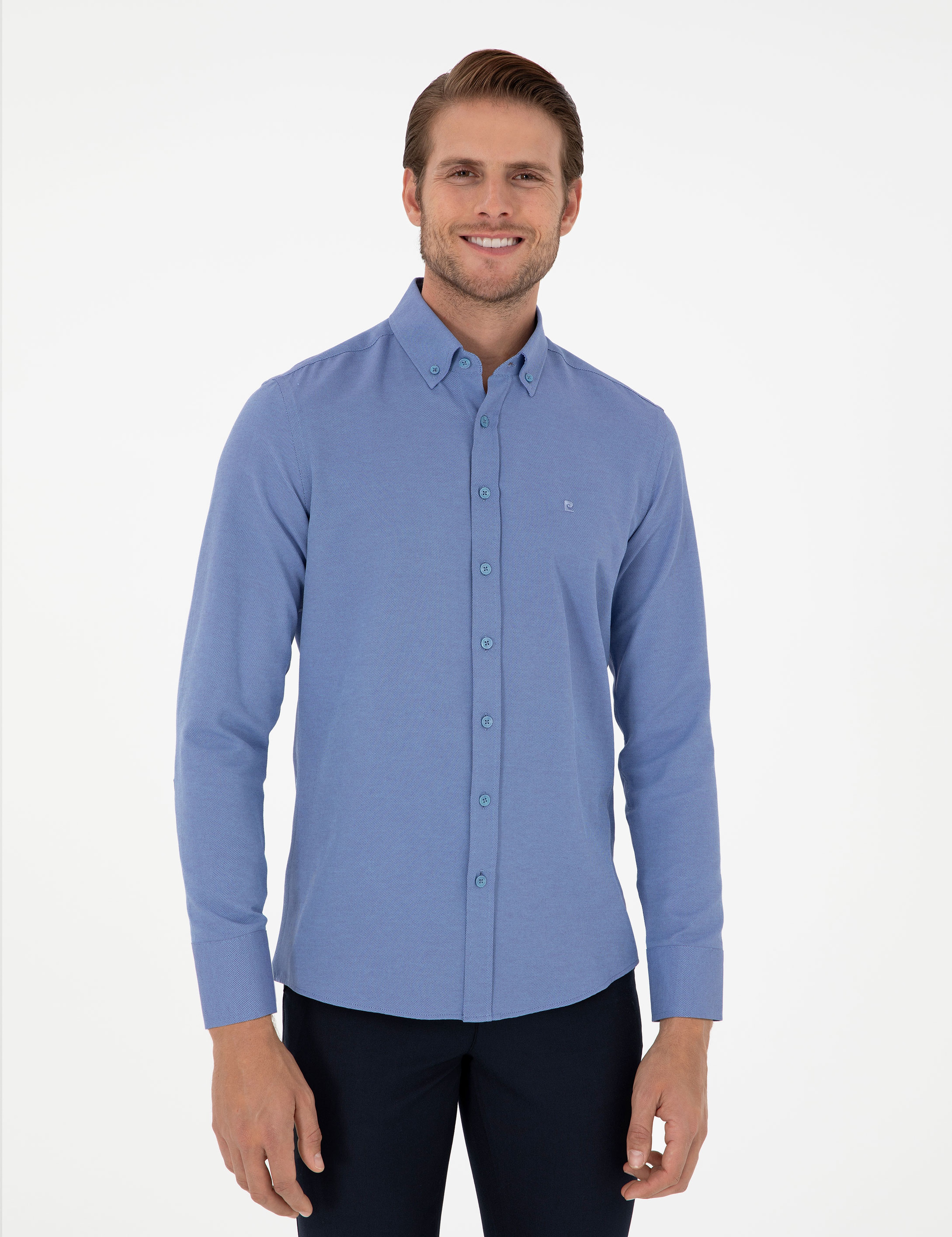 Mavi Oxford Slim Fit Uzun Kollu Gömlek - Image 3
