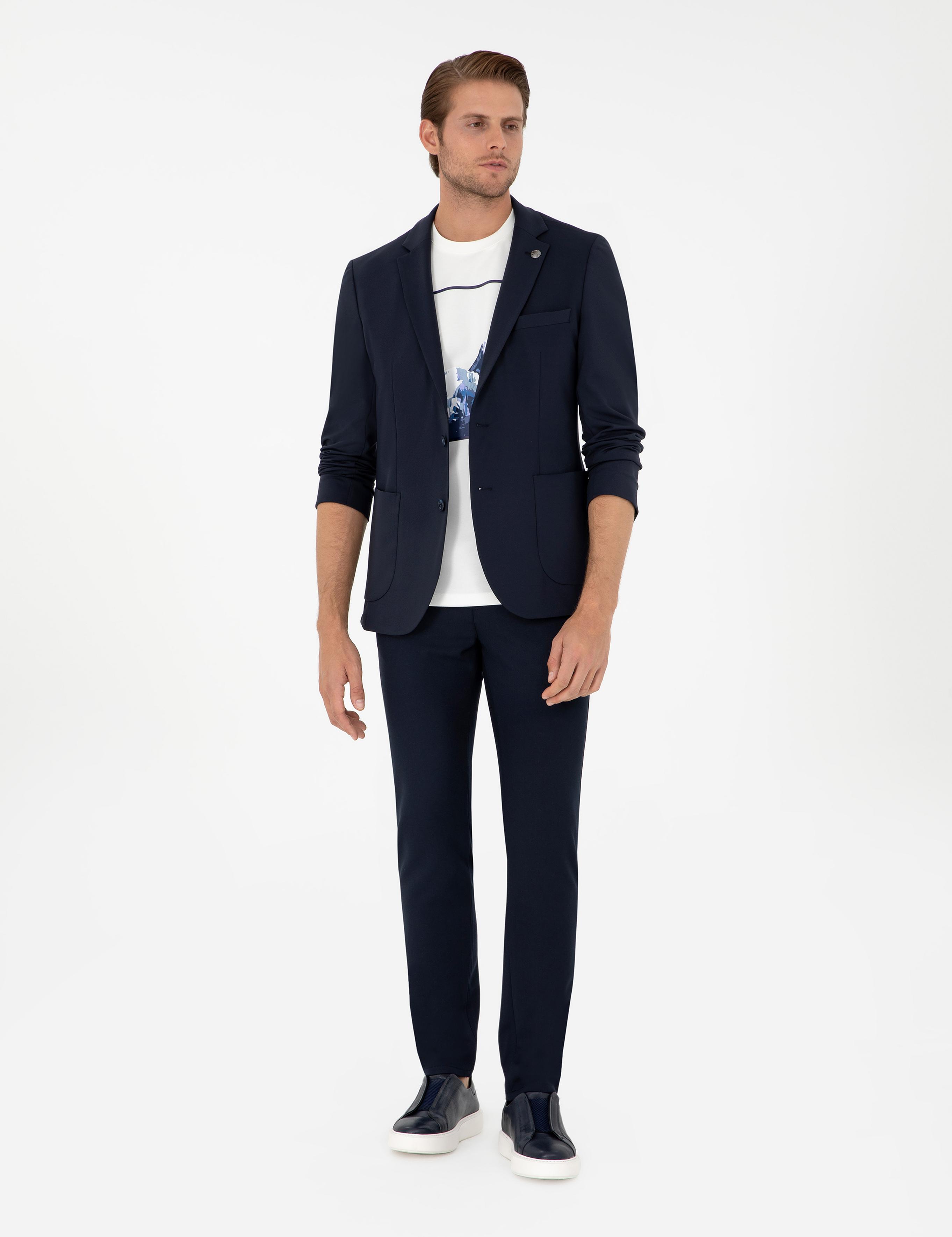 Lacivert Slim Fit Çizgili Kanvas Pantolon