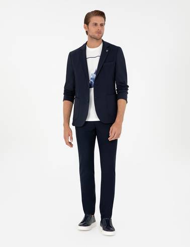 Lacivert Slim Fit Çizgili Kanvas Pantolon