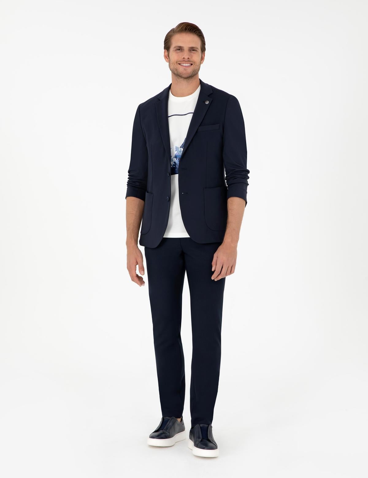 Lacivert Slim Fit Çizgili Kanvas Pantolon