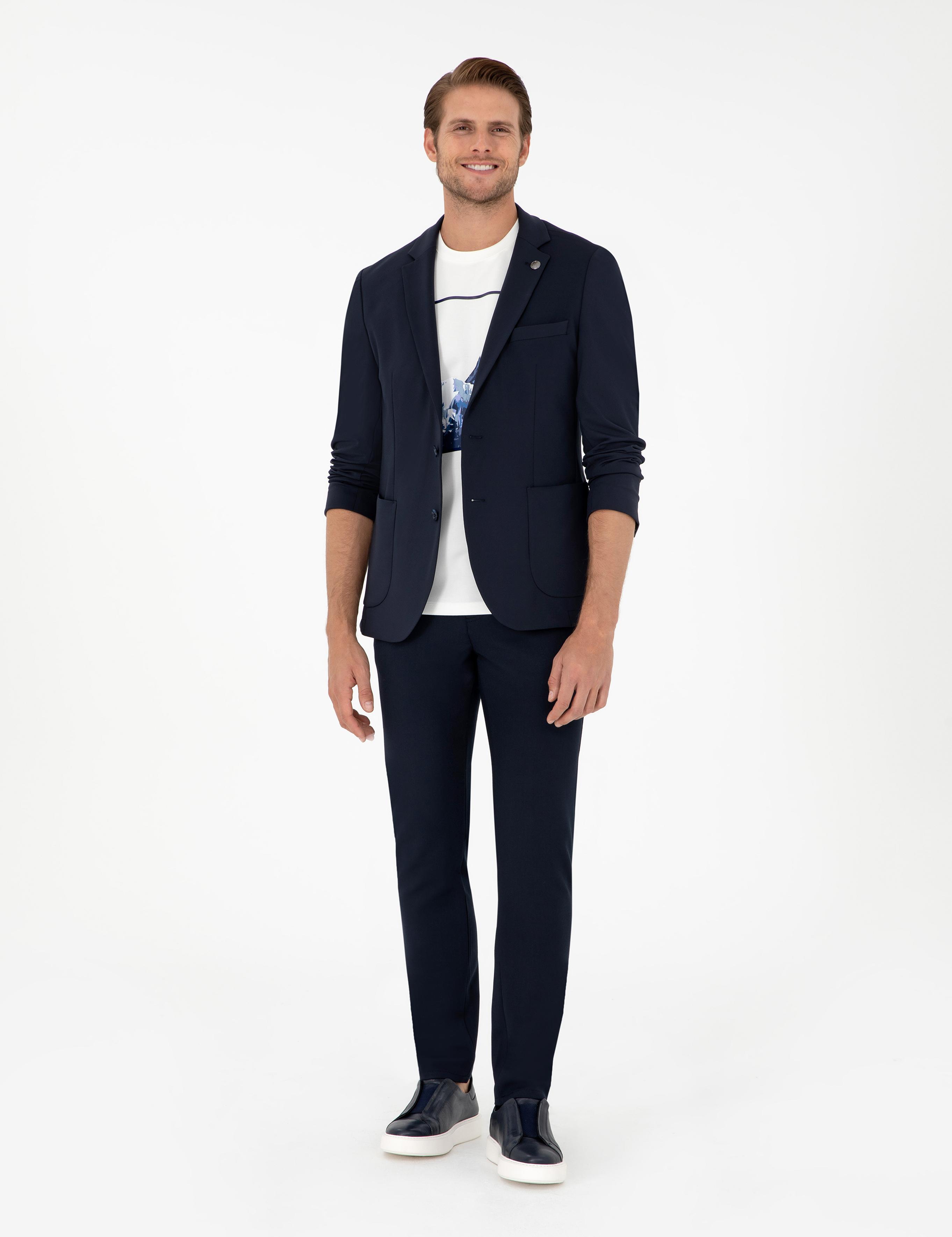 Lacivert Slim Fit Çizgili Kanvas Pantolon