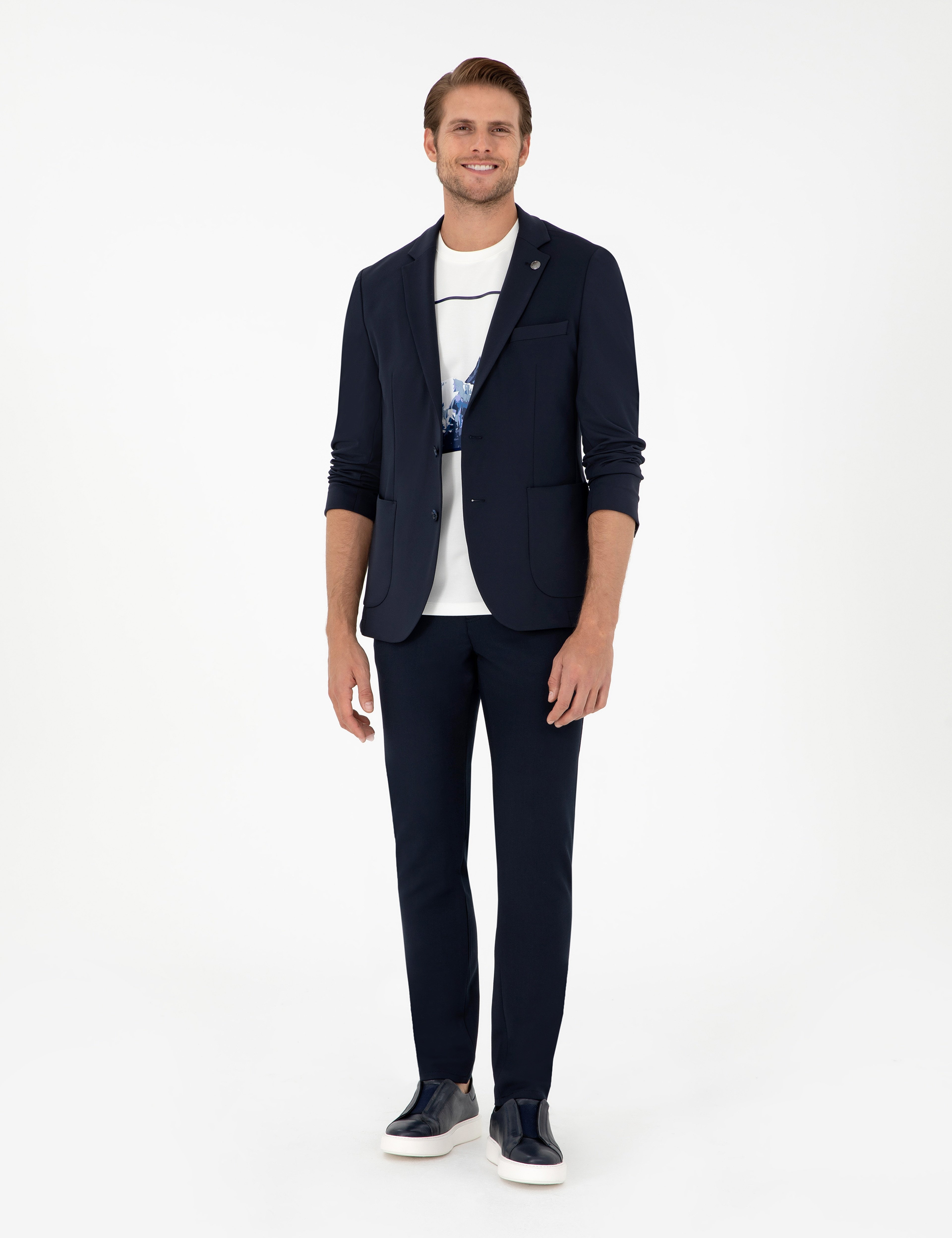 Lacivert Slim Fit Çizgili Kanvas Pantolon - Image 1