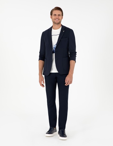 Lacivert Slim Fit Çizgili Kanvas Pantolon