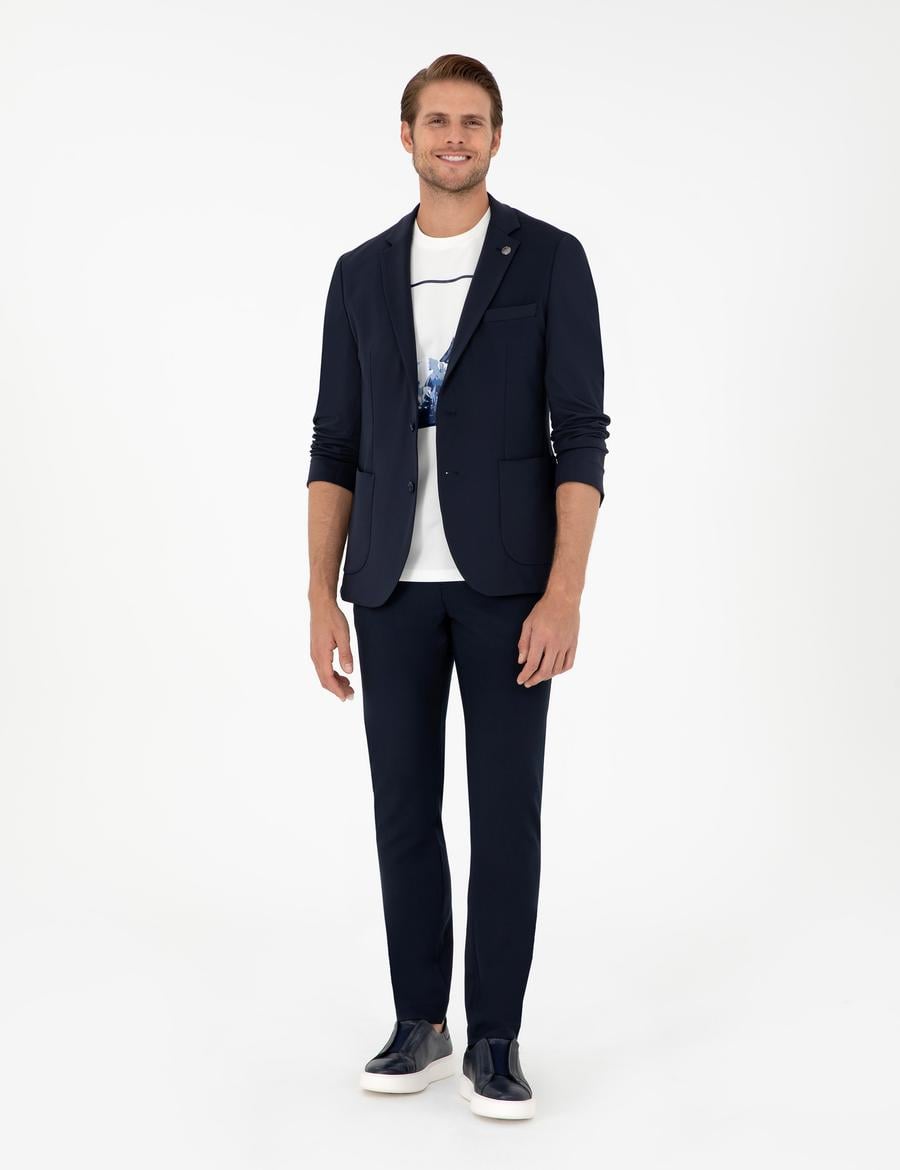 Lacivert Slim Fit Çizgili Kanvas Pantolon