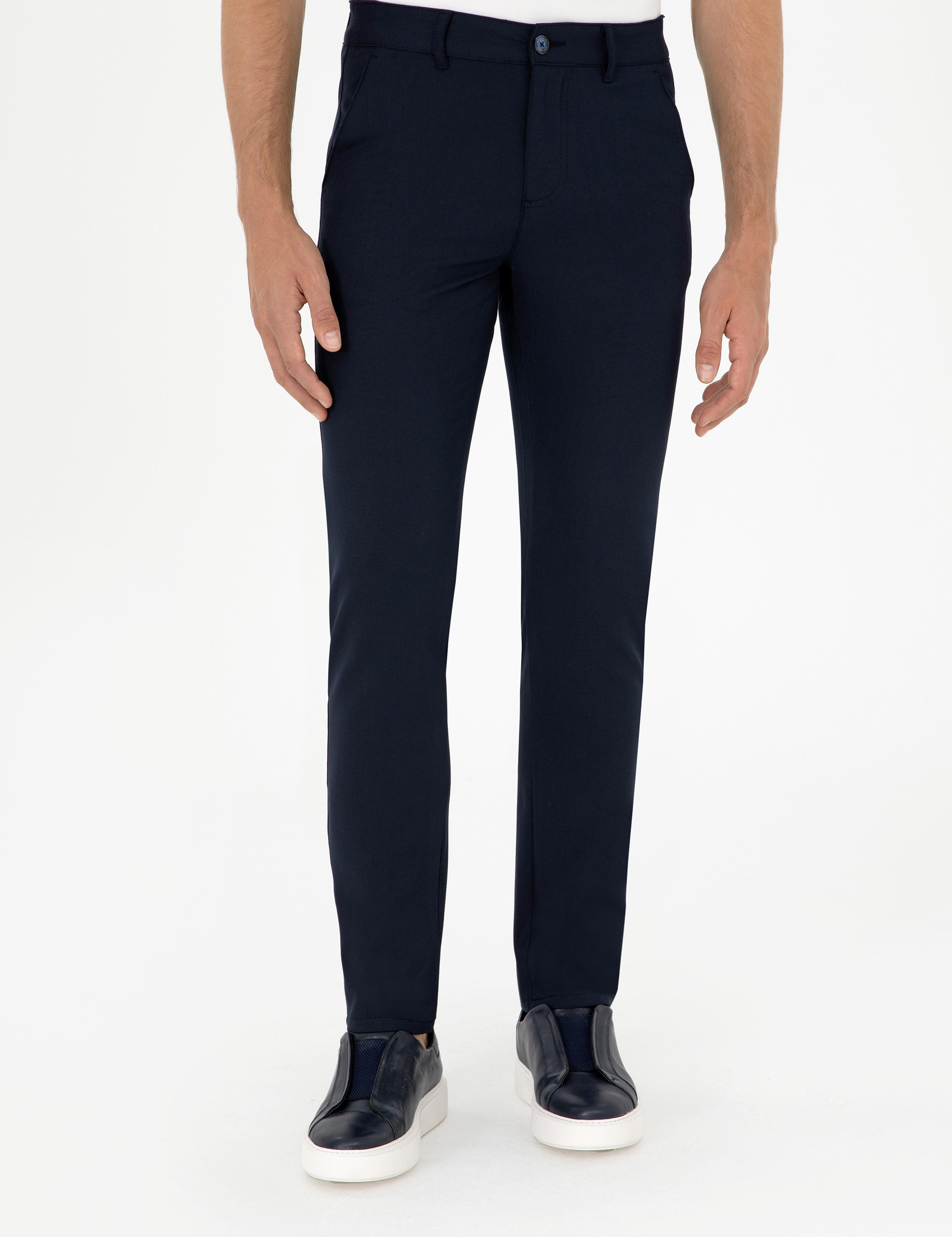 Lacivert Slim Fit Çizgili Kanvas Pantolon