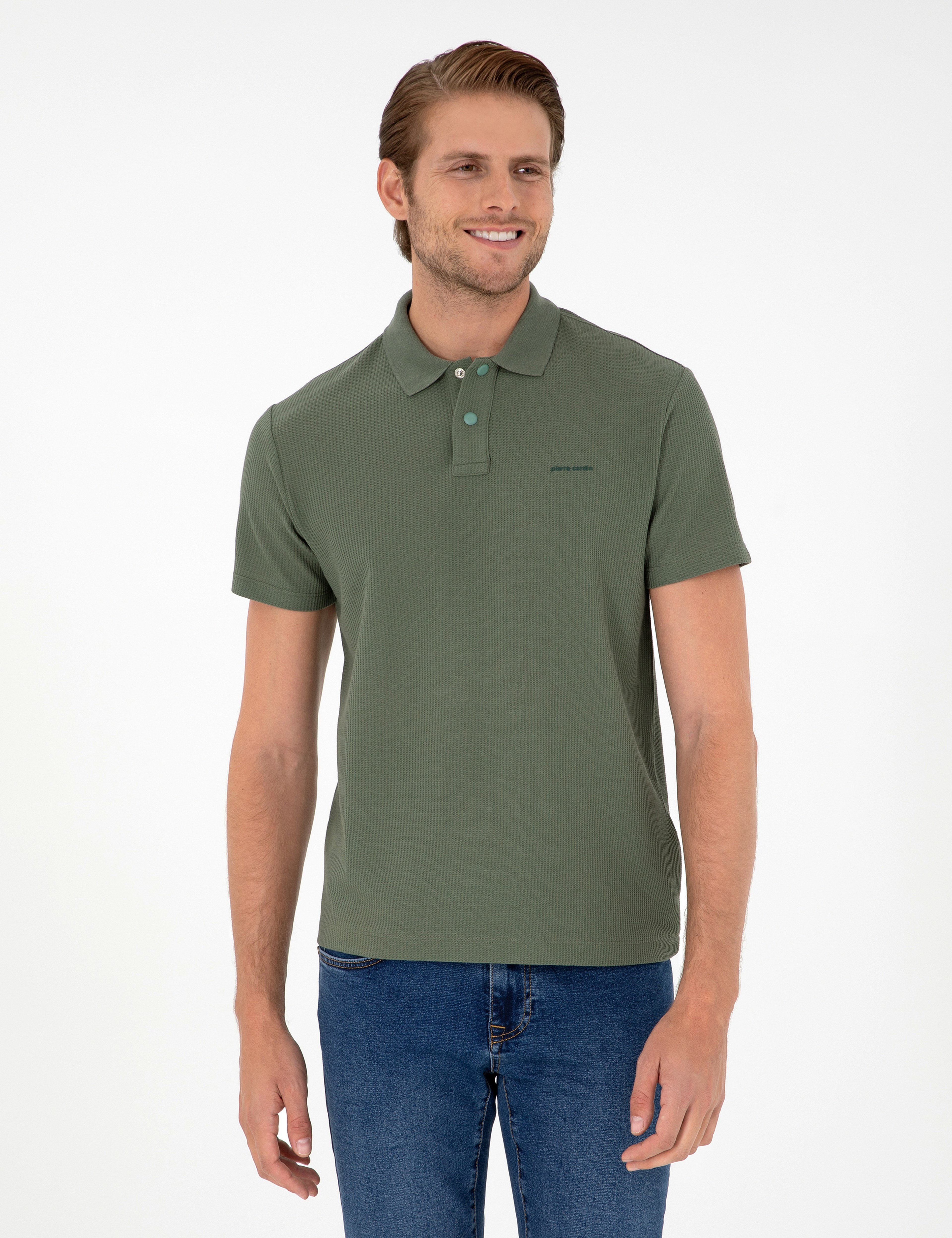 Haki Slim Fit Düğmeli Polo Yaka Tişört - Image 1