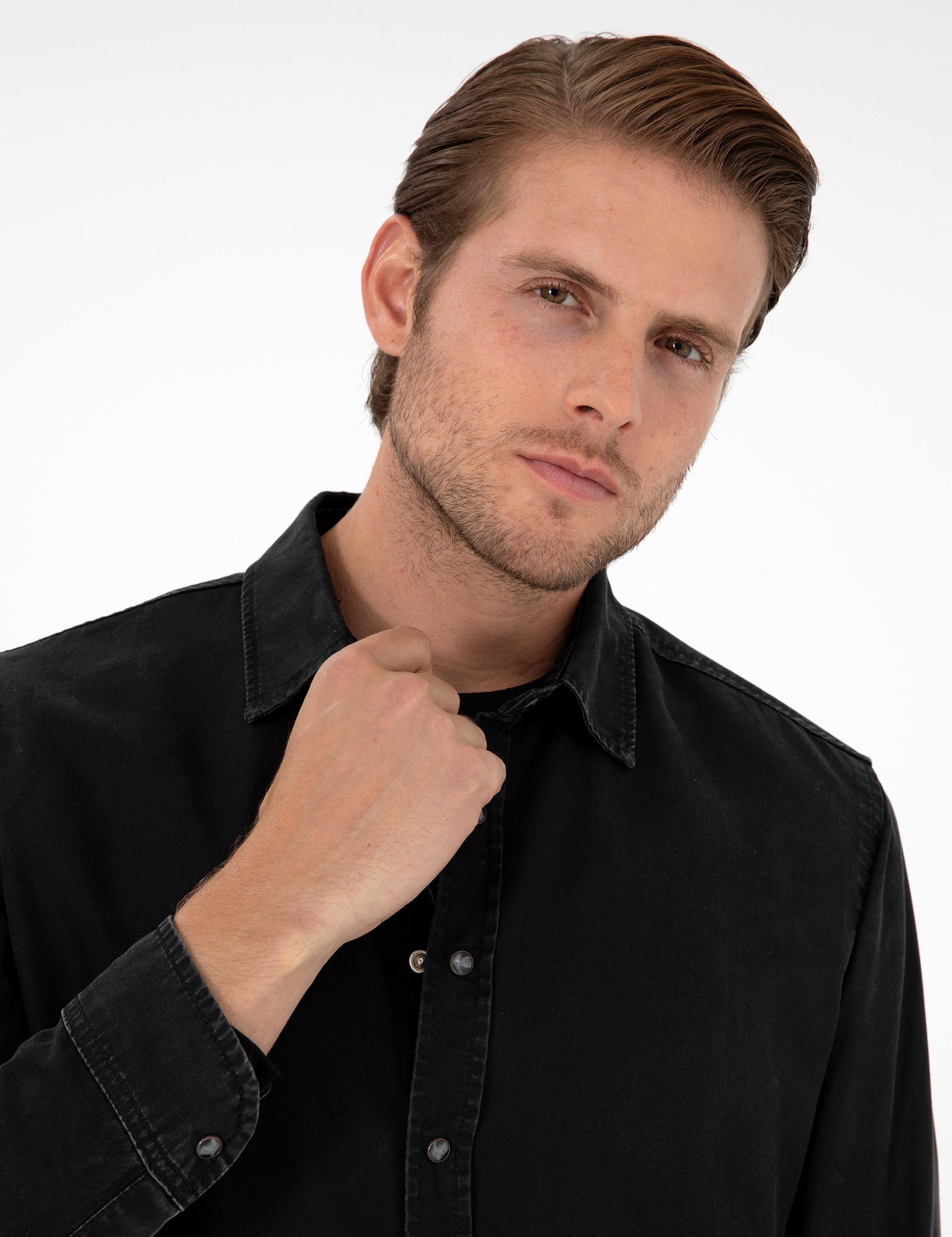 Siyah Regular Fit Uzun Kollu Jean Gömlek