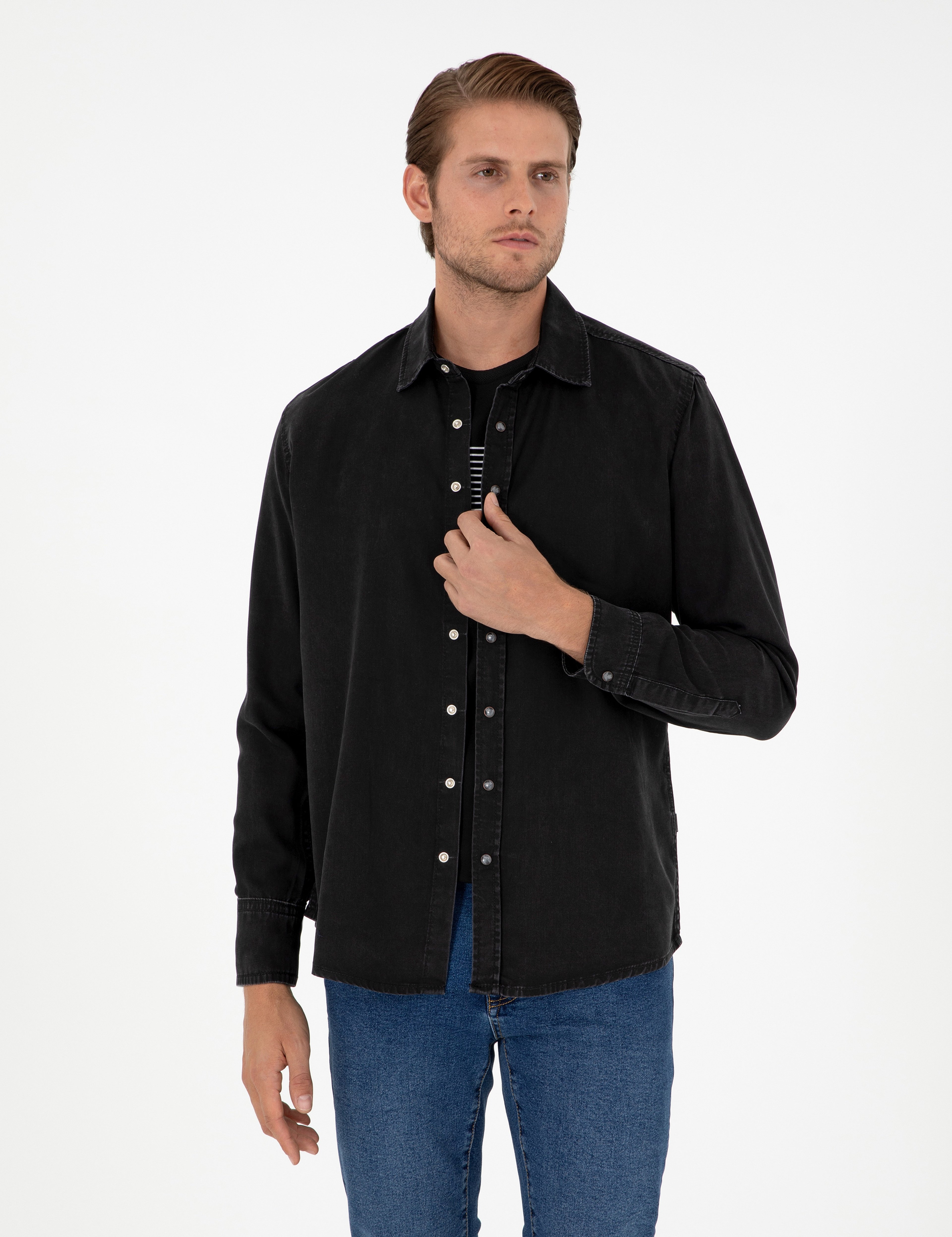 Siyah Regular Fit Uzun Kollu Jean Gömlek - Image 1