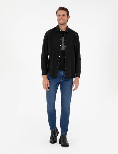 Siyah Regular Fit Uzun Kollu Jean Gömlek