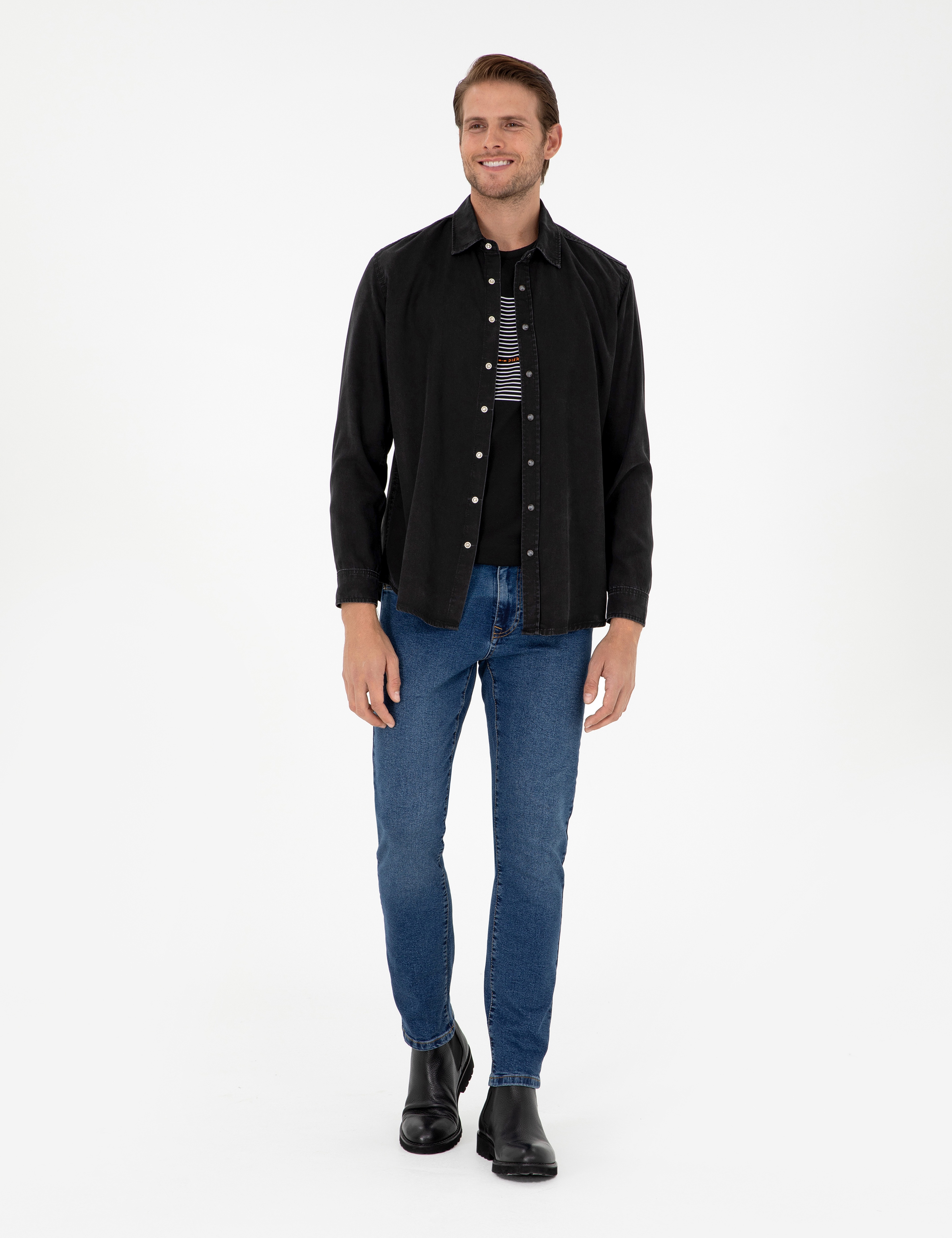 Siyah Regular Fit Uzun Kollu Jean Gömlek - Image 4