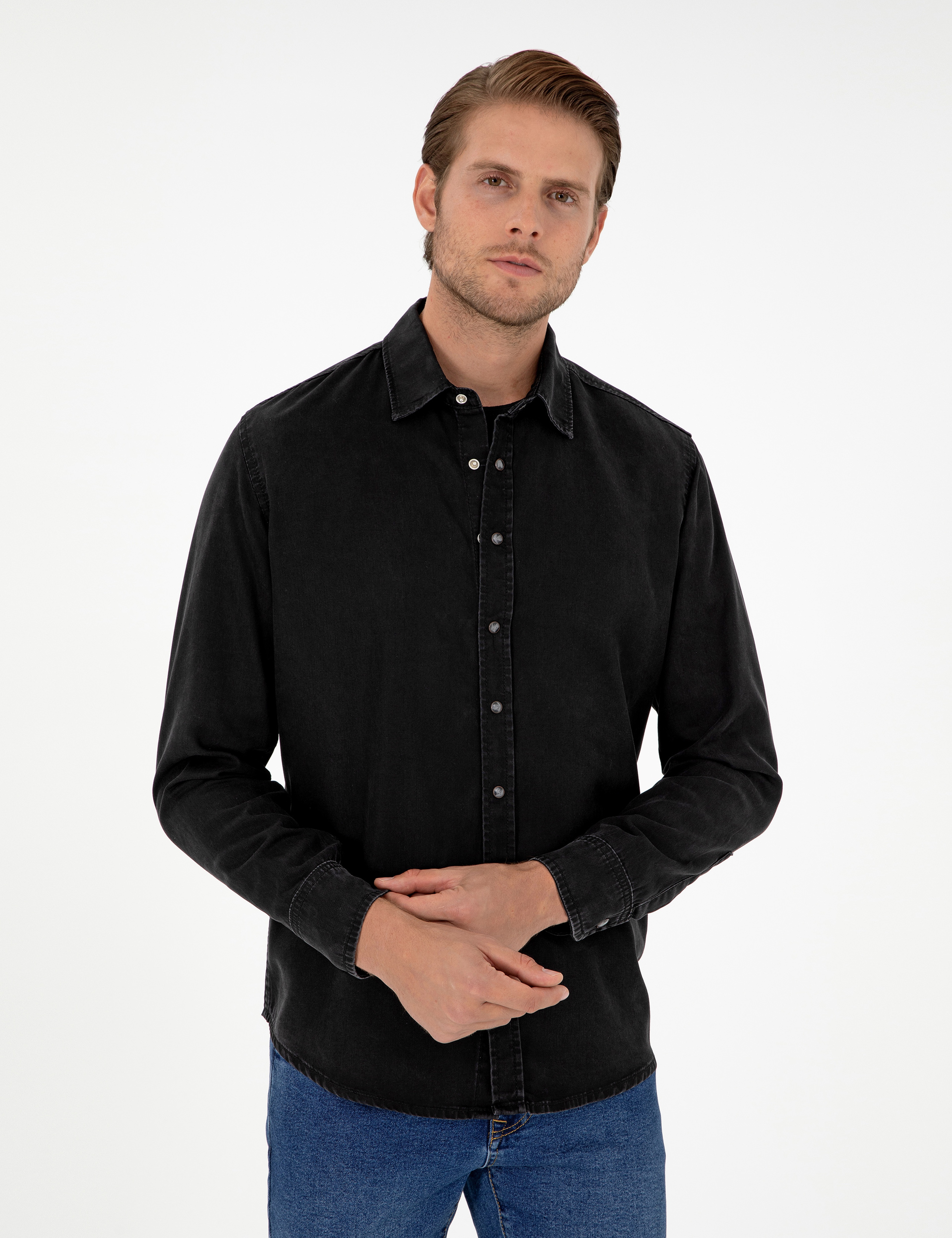 Siyah Regular Fit Uzun Kollu Jean Gömlek - Image 3