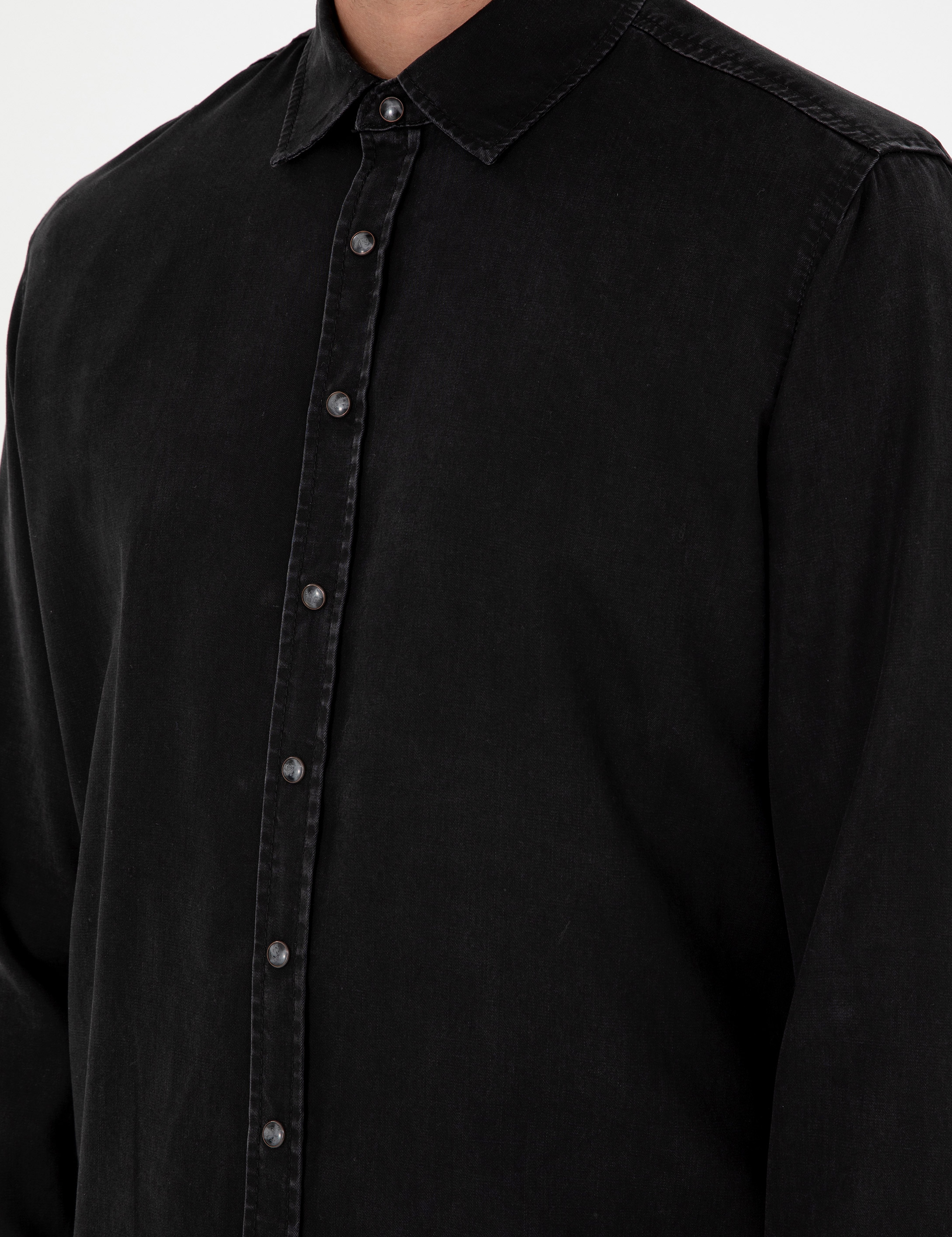 Siyah Regular Fit Uzun Kollu Jean Gömlek - Image 7