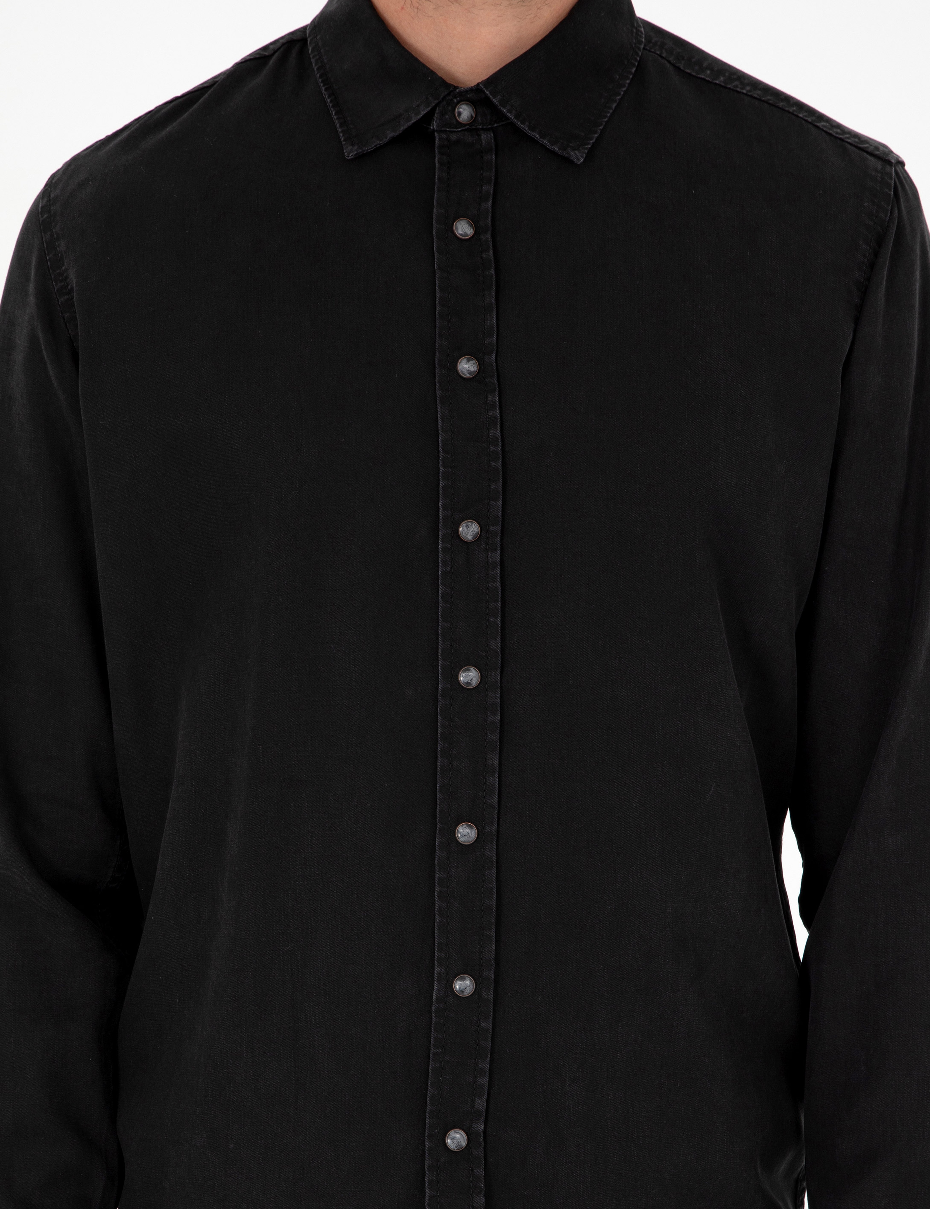 Siyah Regular Fit Uzun Kollu Jean Gömlek - Image 6