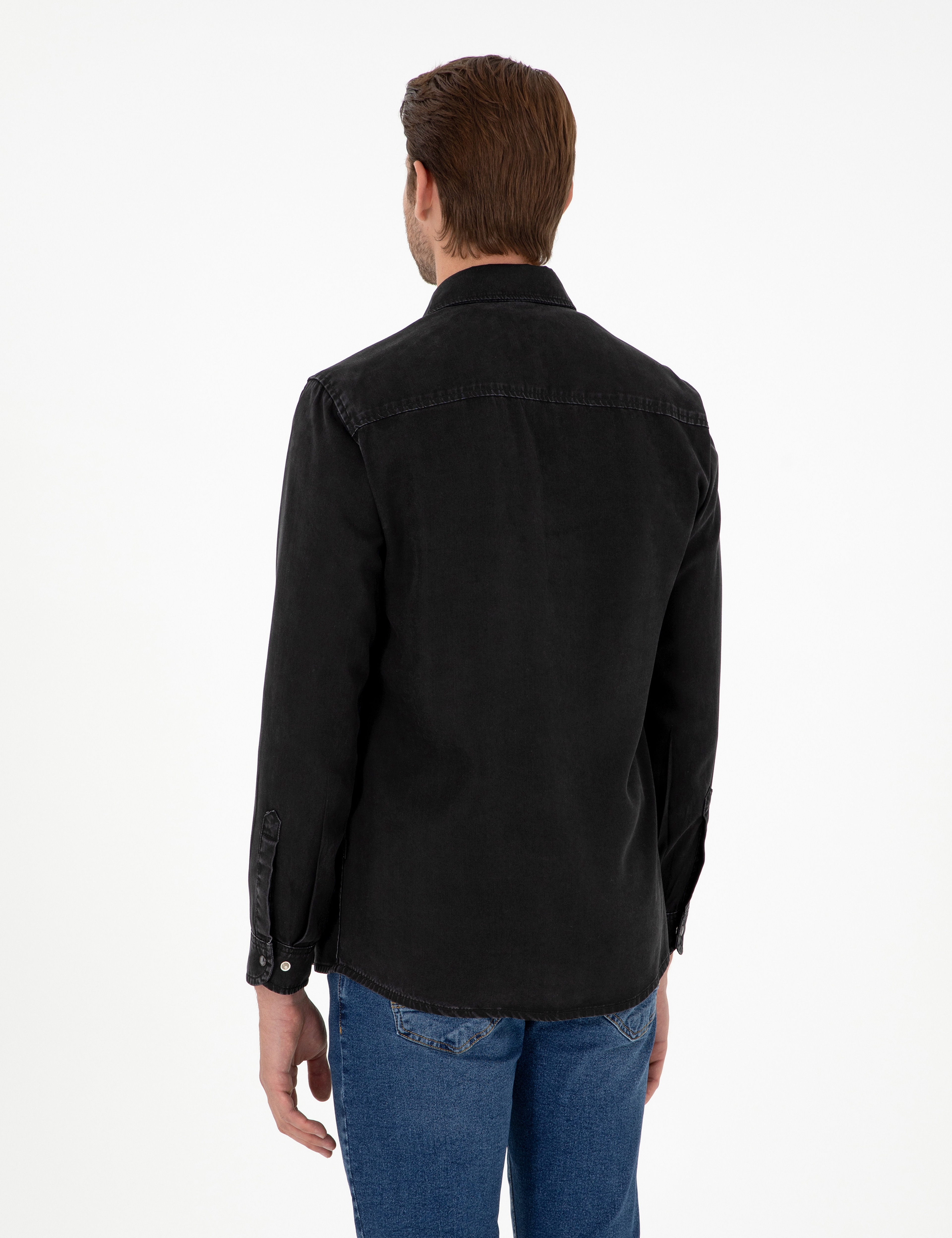 Siyah Regular Fit Uzun Kollu Jean Gömlek - Image 5