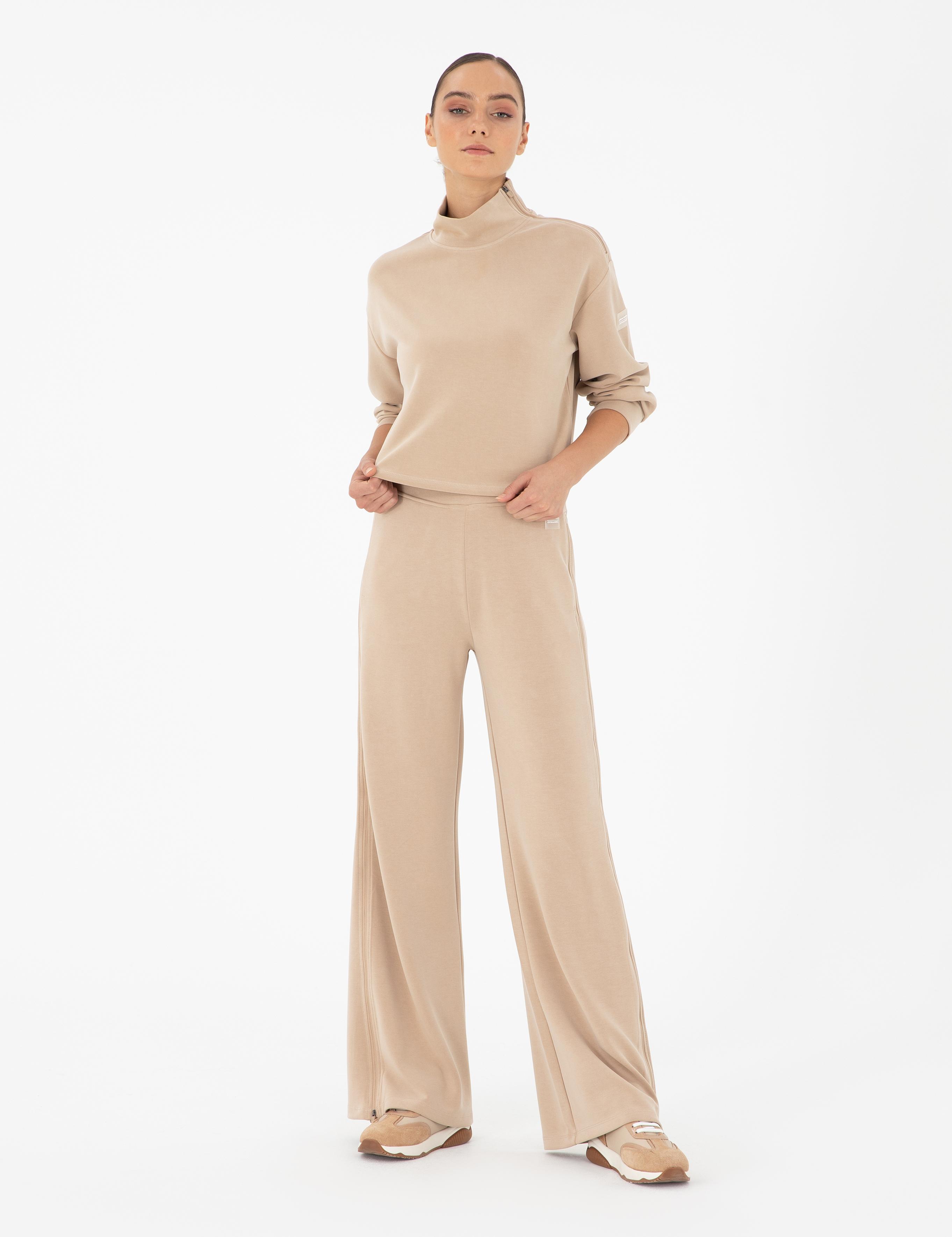 Bej Flare Fit Fermuar Detaylı Eşofman Altı