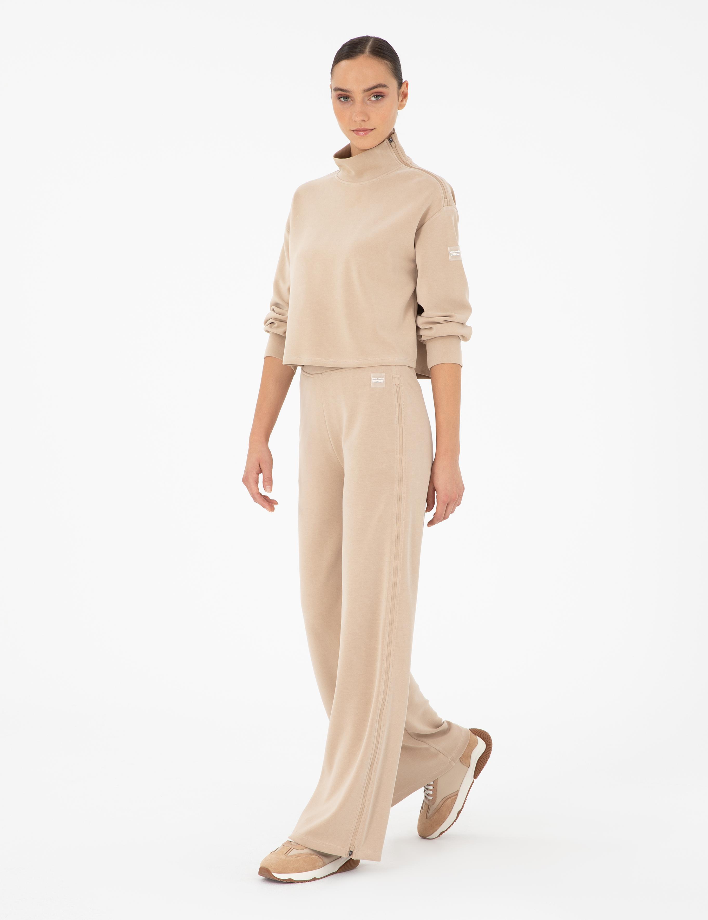 Bej Flare Fit Fermuar Detaylı Eşofman Altı