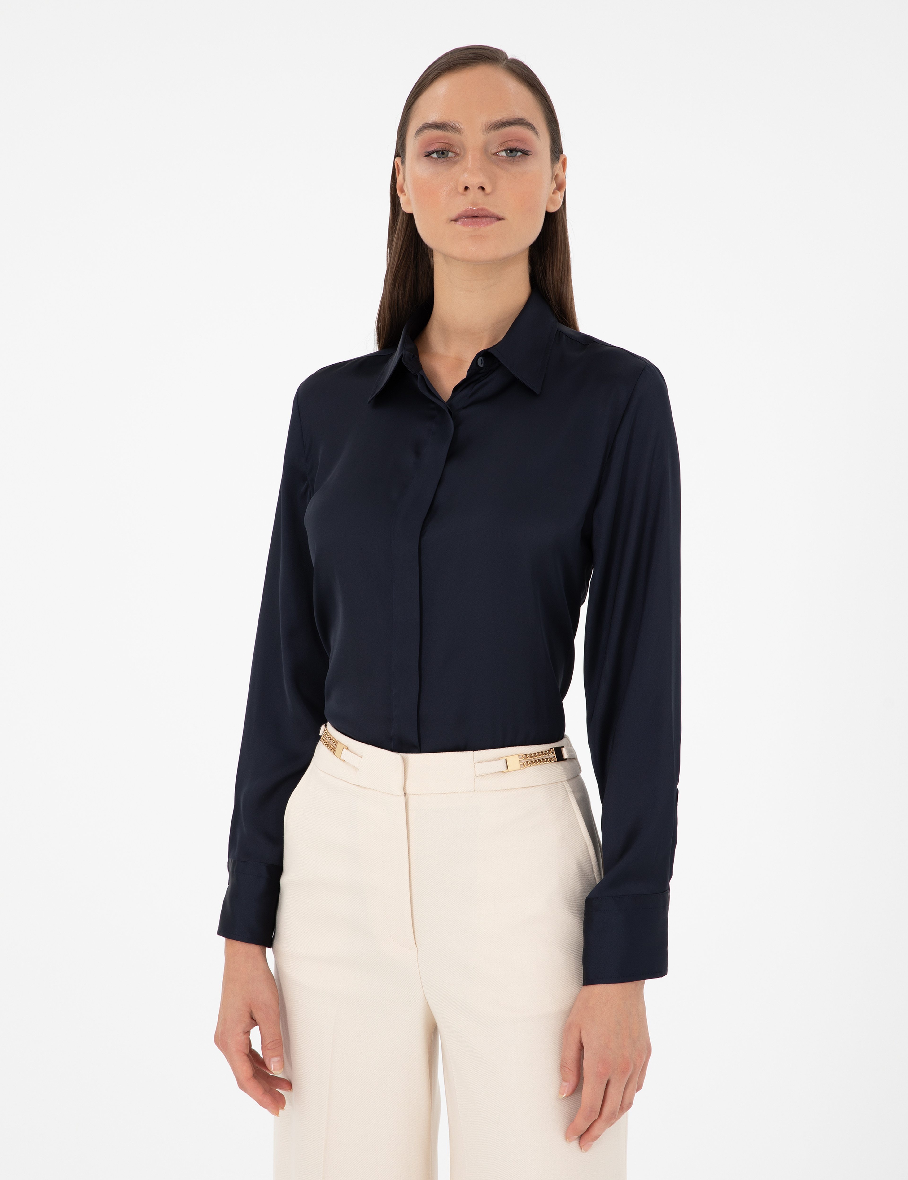 Lacivert Comfort Fit Saten Gömlek - Image 3