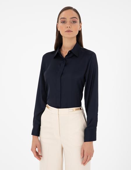 Lacivert Comfort Fit Saten Gömlek - 50299569025